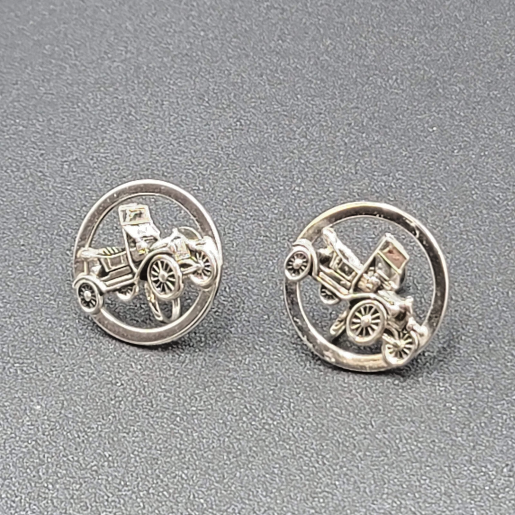 Vintage Clip on Earrings Silver tone Antique Car 3D Circle Screw Back 1"