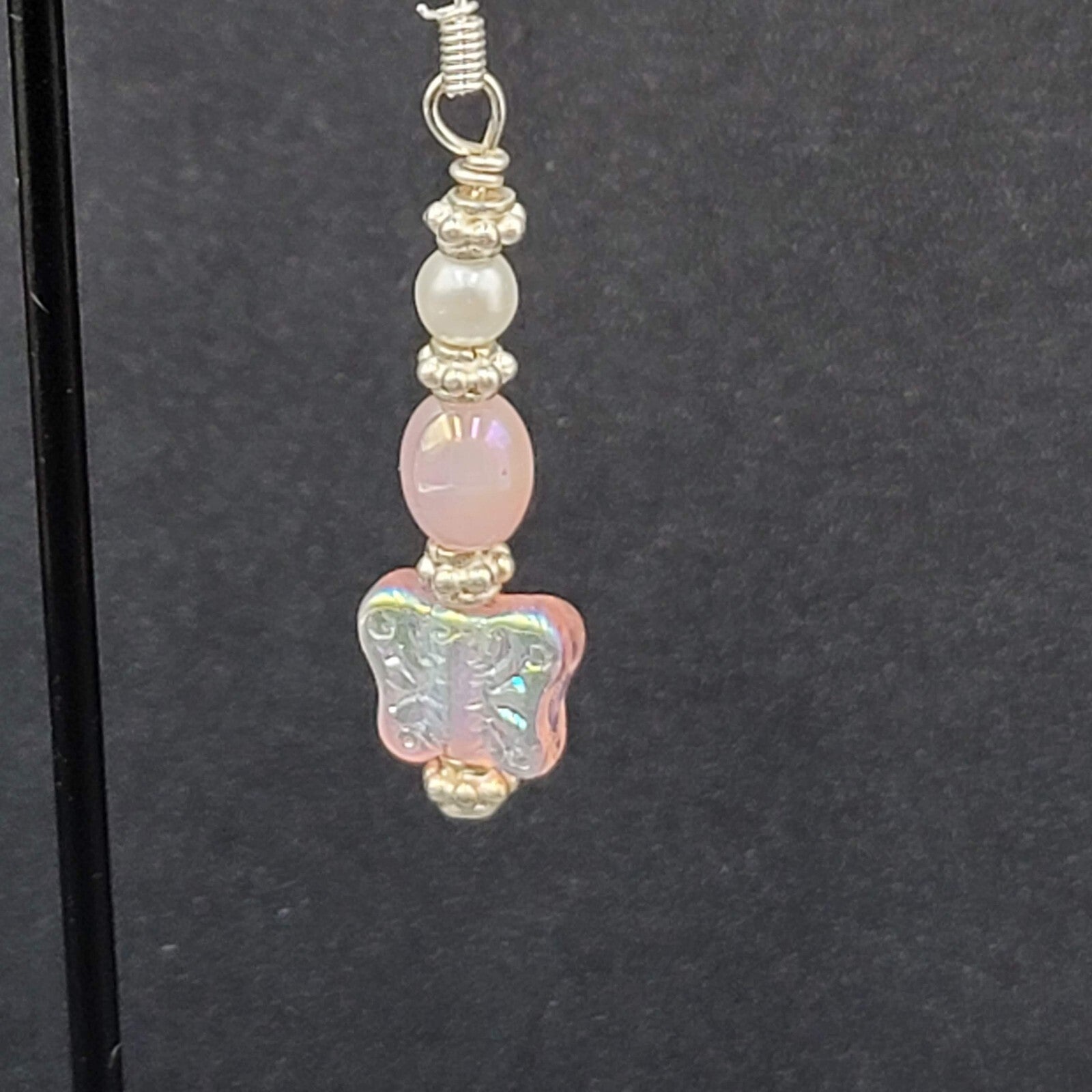 New Pierced Earrings Silver tone Iridescent Butterfly Bead Dangle Pink 1.5"
