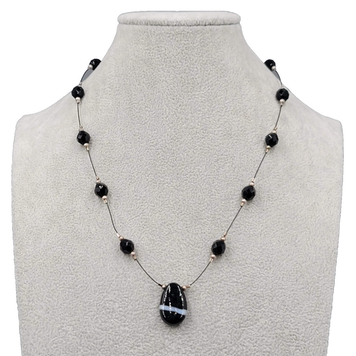 Black Glass Bead Station Necklace Silver tone 18"