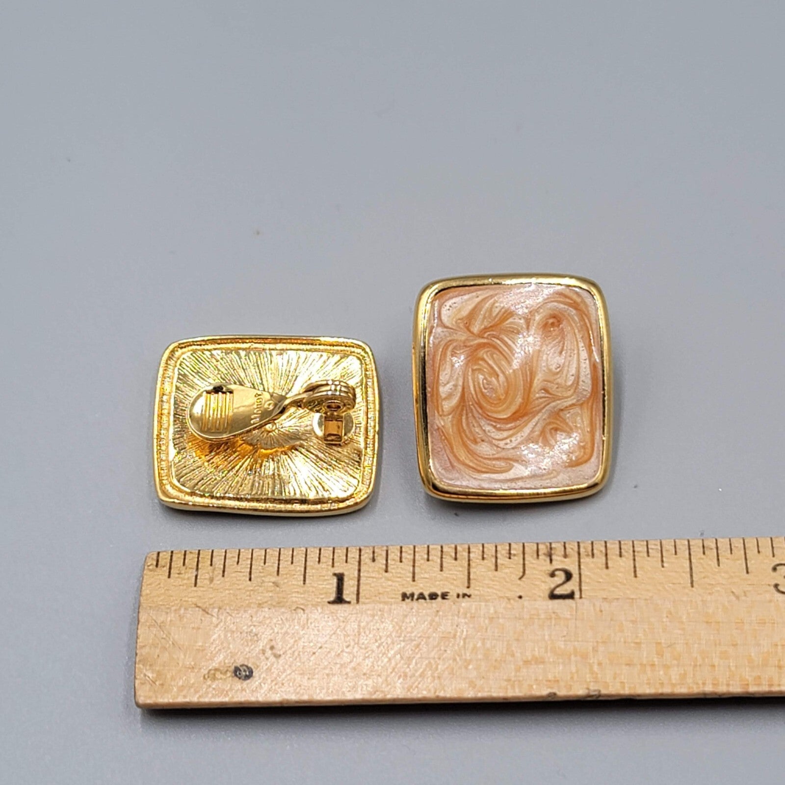 Vintage Monet Clip on Earrings Gold plated Rectangle Peach Swirl Enamel Drop 1"