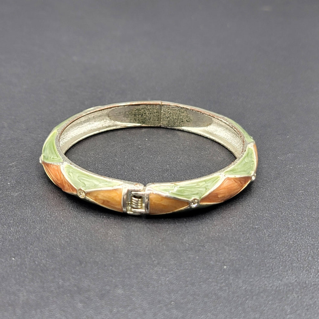 Hinged Bracelet Bangle Silver tone Crystal Green Orange Enamel