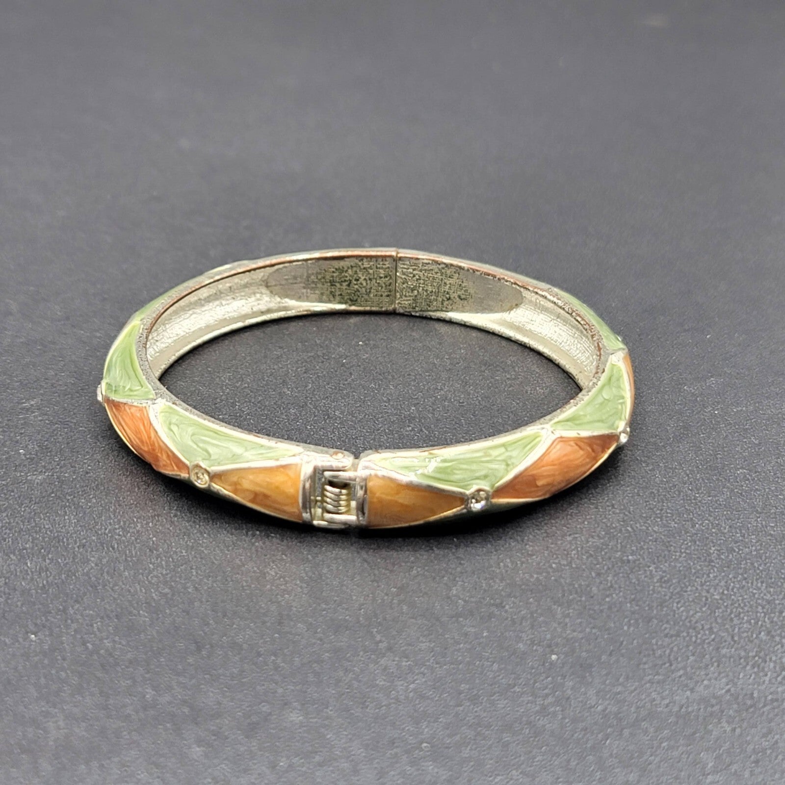 Hinged Bracelet Bangle Silver tone Crystal Green Orange Enamel