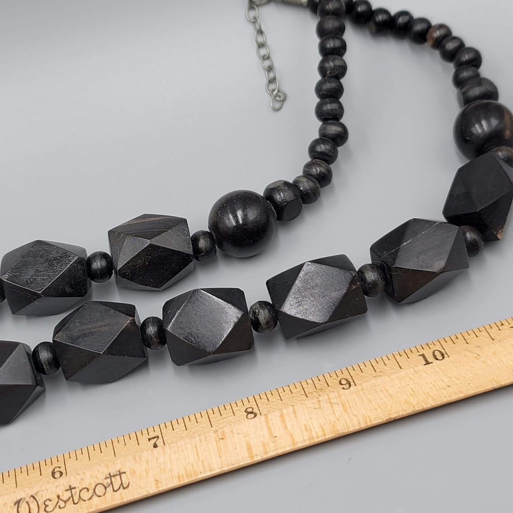 Vintage Large Black Wood Bead Statement Necklace Estate Costume Jewelry