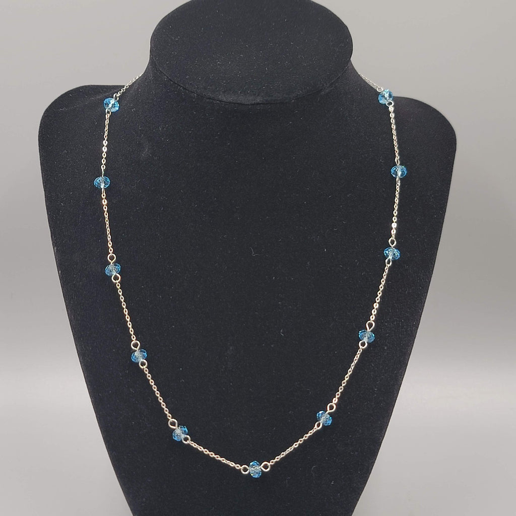 Blue Crystal Station Necklace Dainty Silver Plated 18"