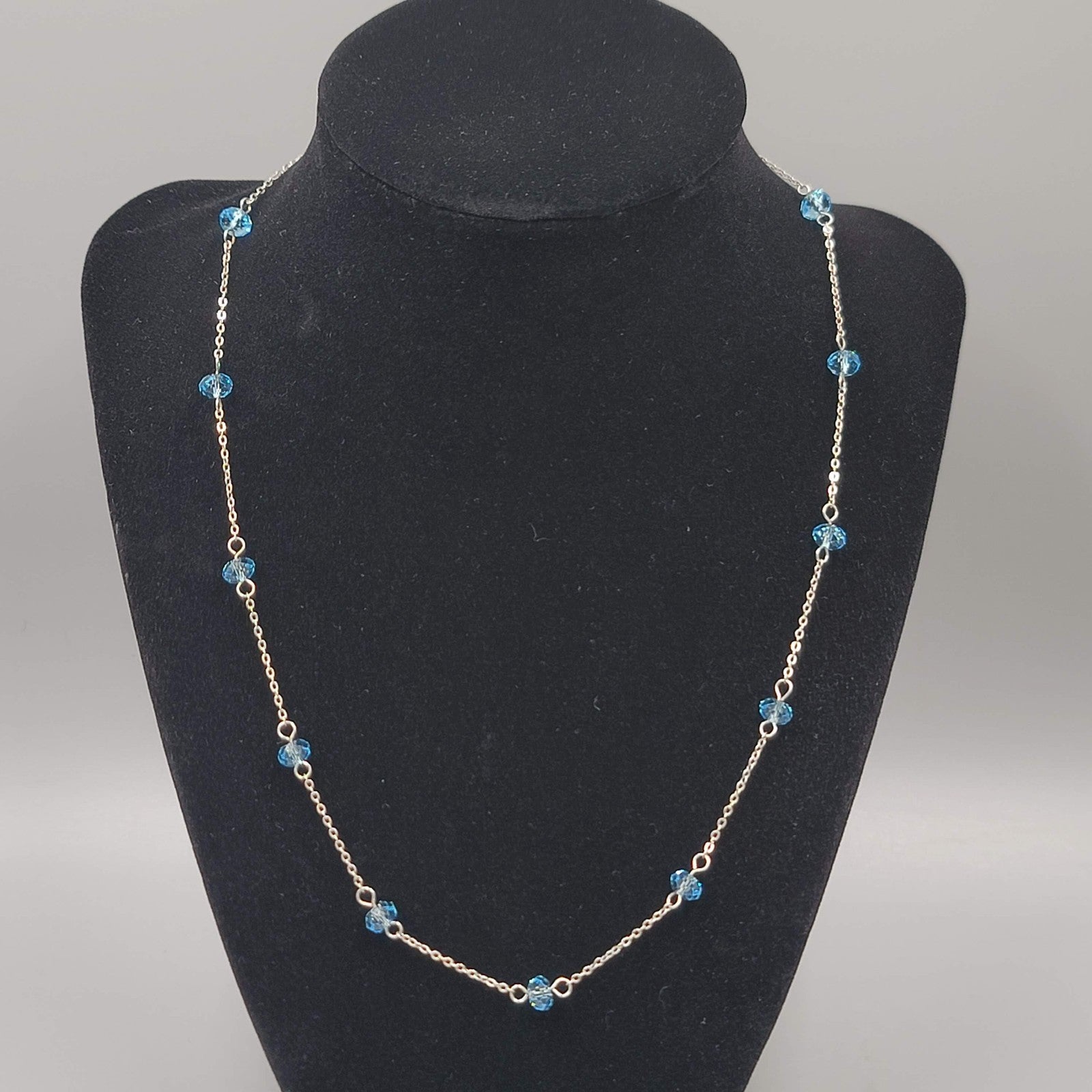 Blue Crystal Station Necklace Dainty Silver Plated 18"