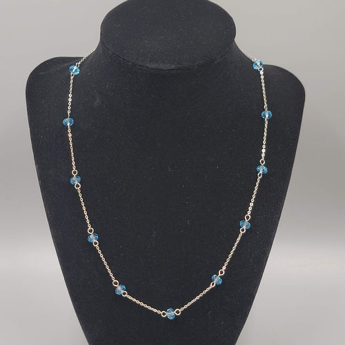 Blue Crystal Station Necklace Dainty Silver Plated 18"