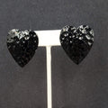 Vintage Heart Pierced Earrings Black Enamel Hammered Metal 1 3/8"