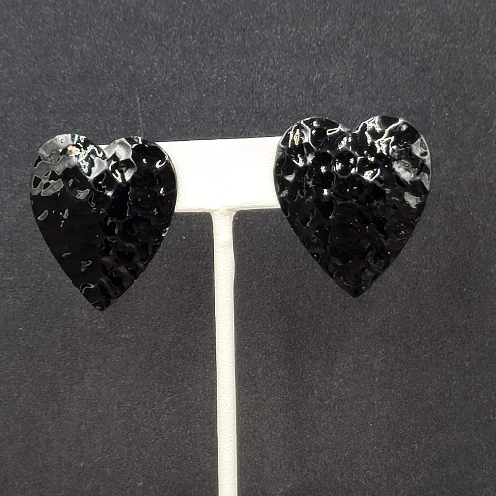 Vintage Heart Pierced Earrings Black Enamel Hammered Metal 1 3/8"