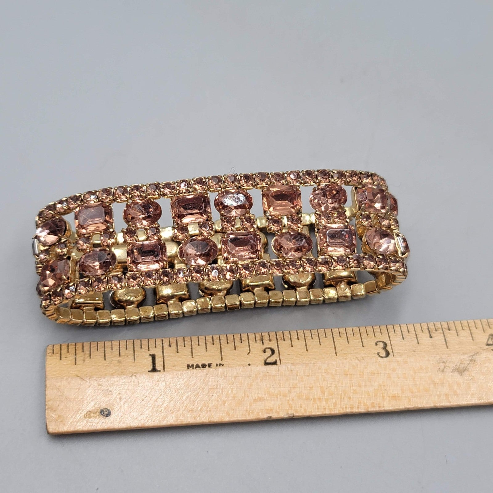 Brown Rhinestone Elastic Bracelet Gold tone Retro Look 7 in