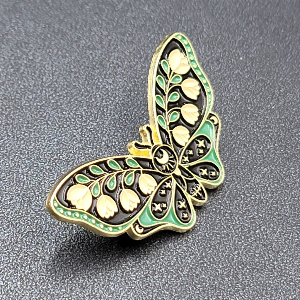Moth Tulip Flowers Enamel Lapel Hat Pin Green Black 1.75"
