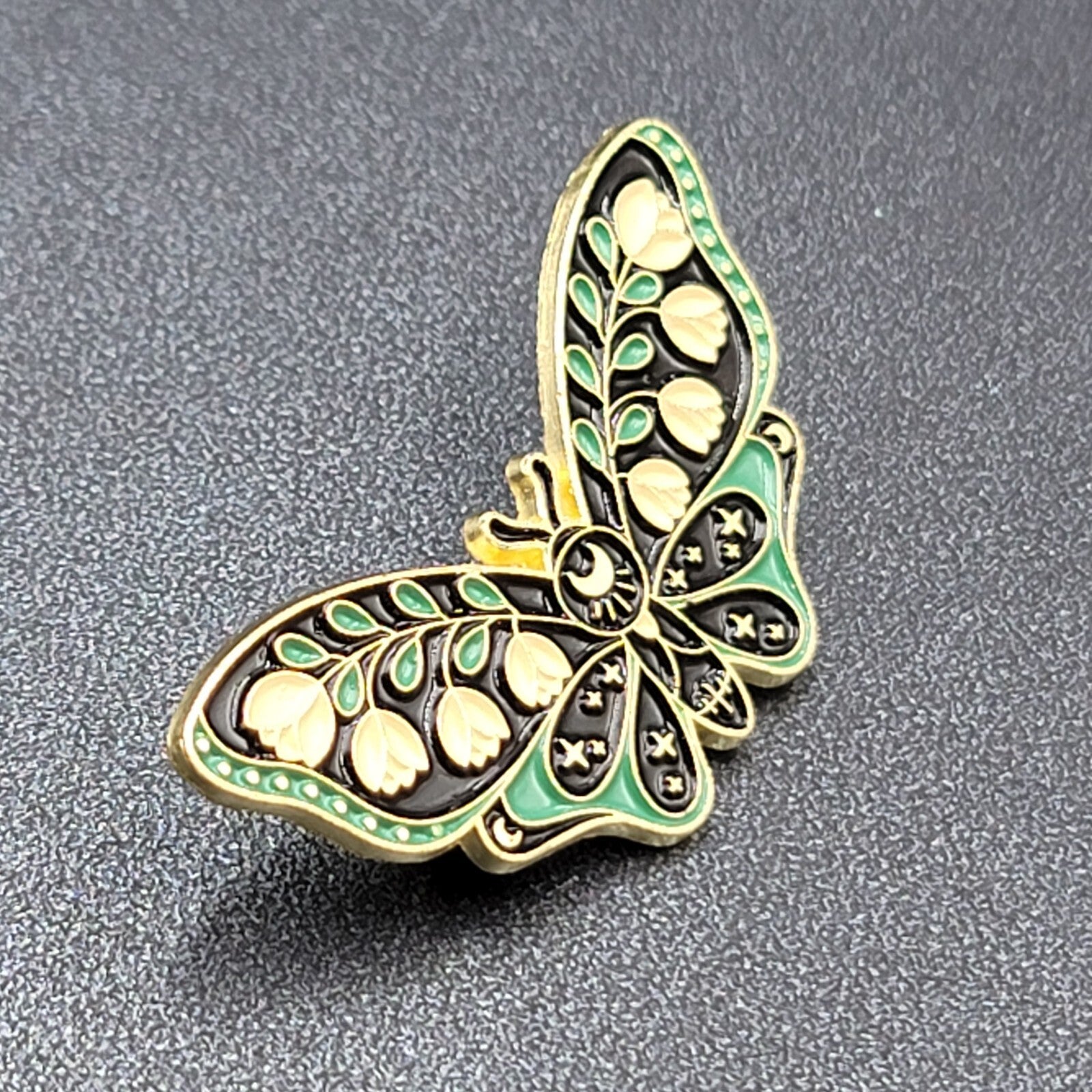 Moth Tulip Flowers Enamel Lapel Hat Pin Green Black 1.75"