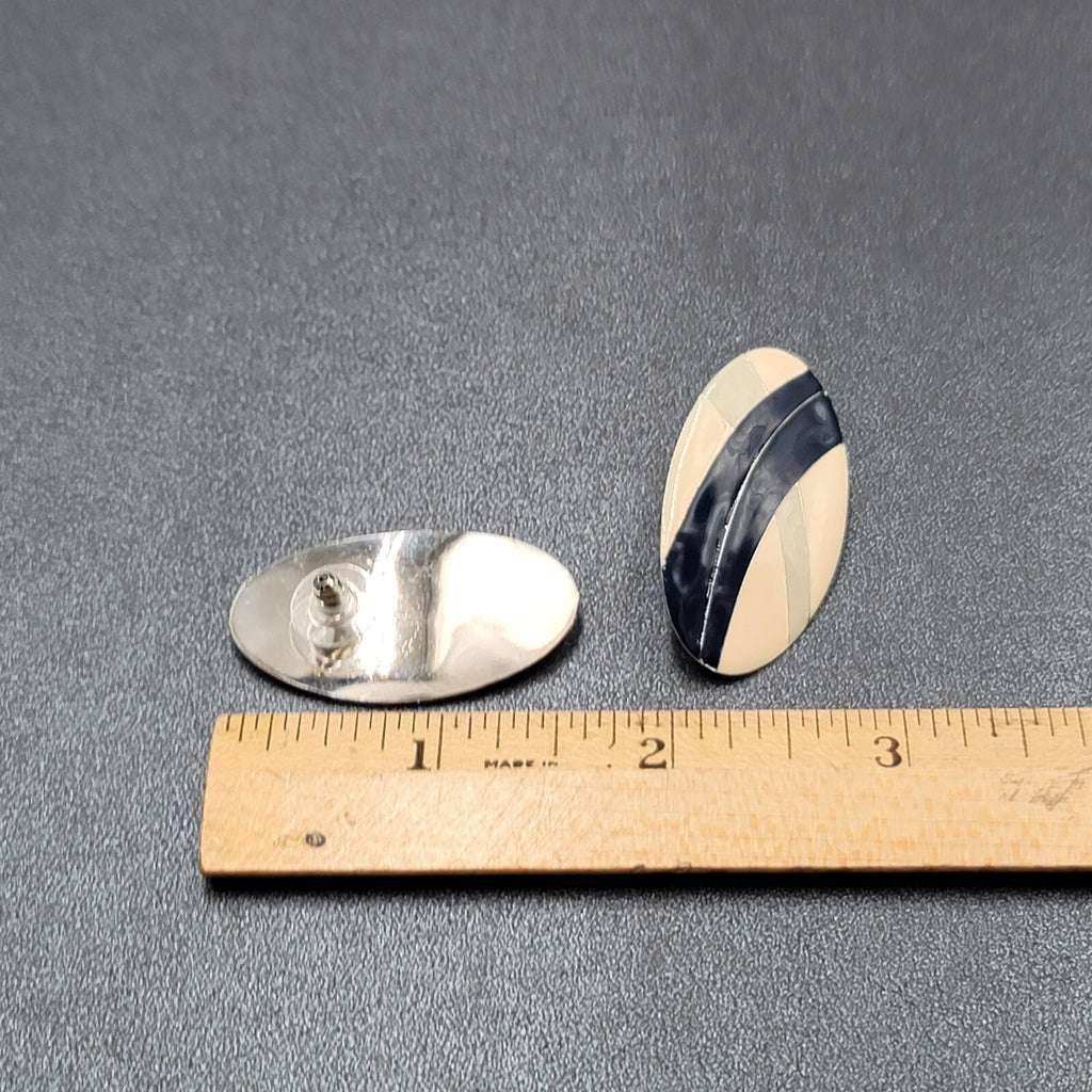 Vintage Pierced Earrings Tan Blue Oval Enamel Drop 1.5"