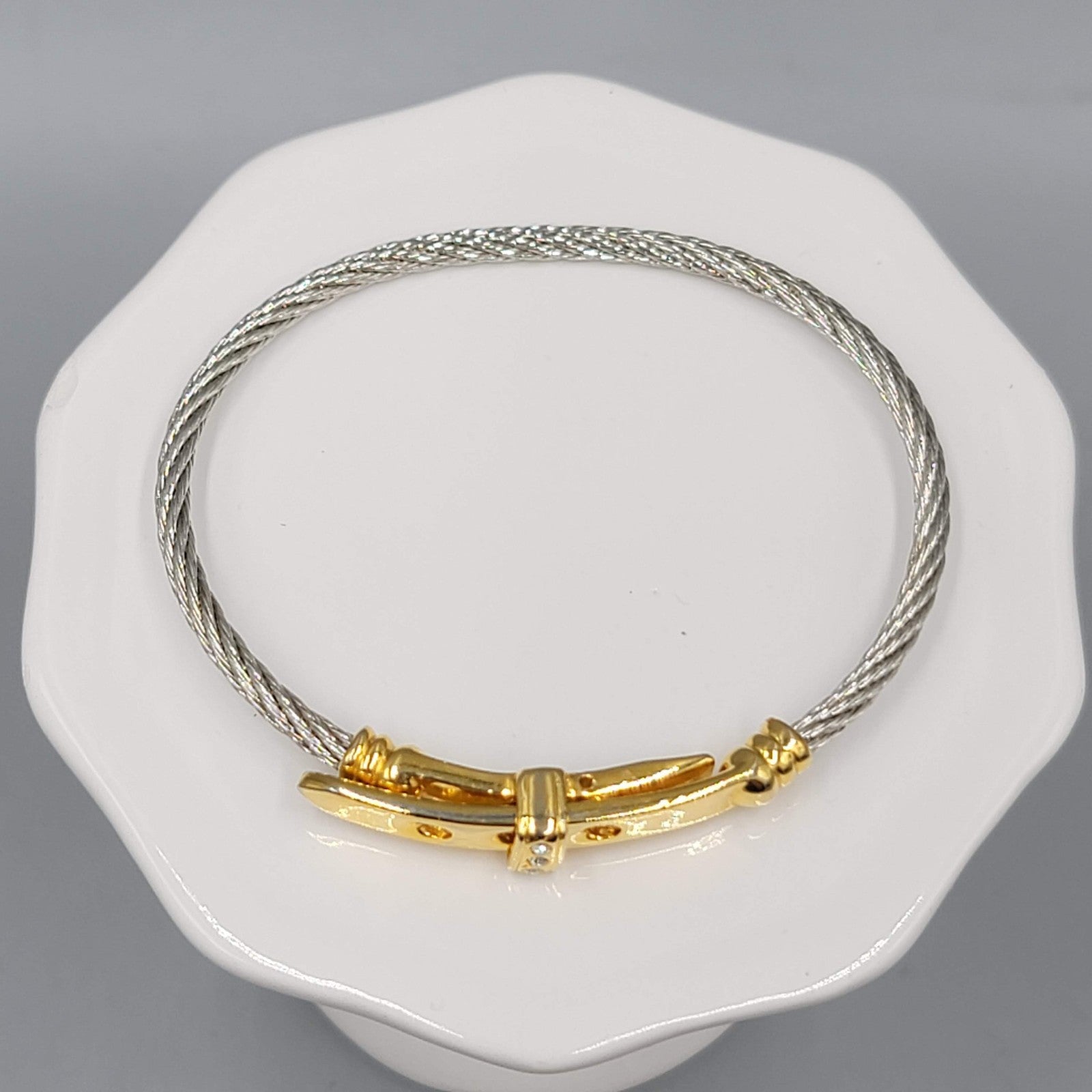Memory Wire Bracelet Two toned Buckle Accent 7"