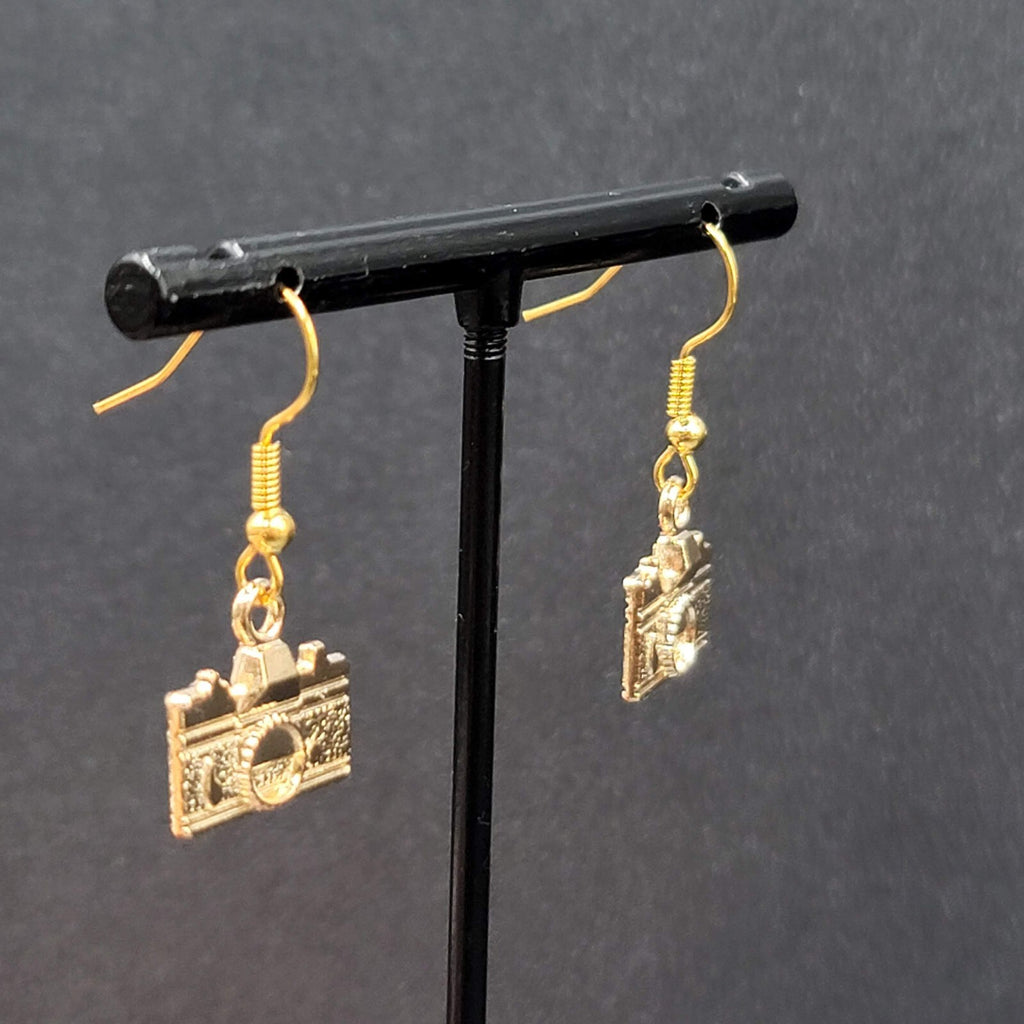 Retro Camera Pierced Earrings Gold tone Dangle 1/2"