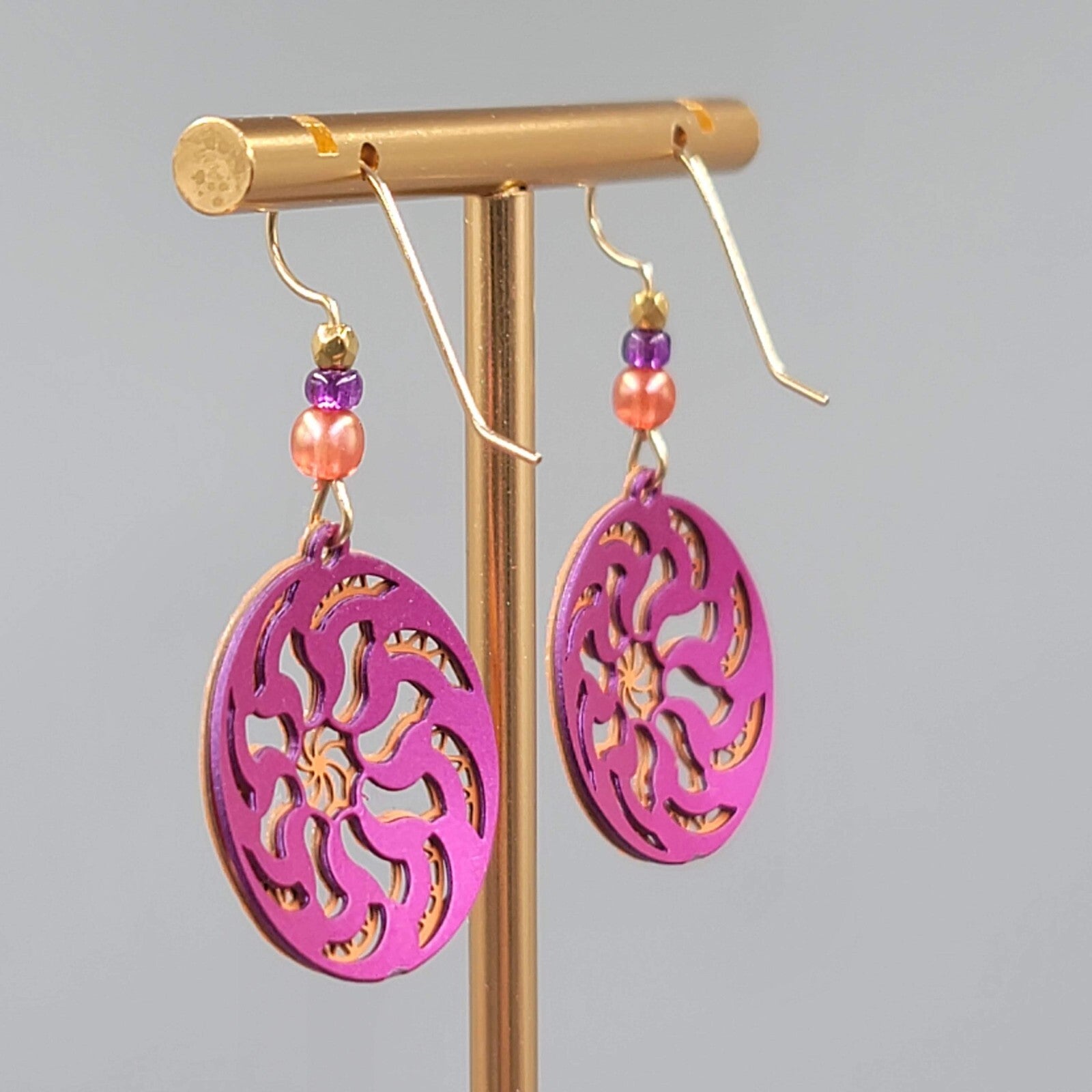 Laser Cut Metal Pierced Earrings Orange Purple Dangle 1"