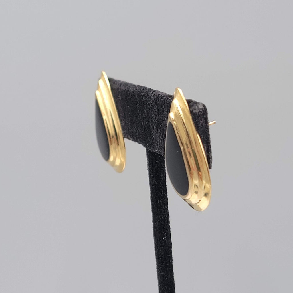 Vintage Pierced Earrings Gold tone Black Enamel Teardrop Lightweight 1"