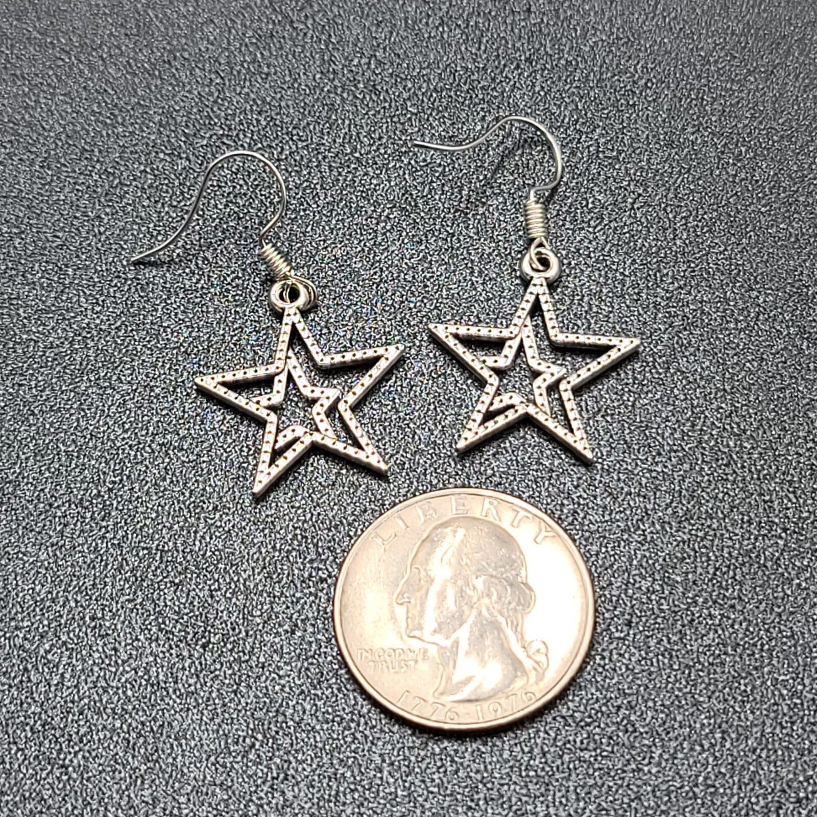 Pierced Earrings Silver tone Dangle Double Open Star 7/8"