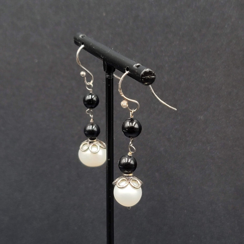 Sterling Silver Pierced Earrings Capped Pearl Bead Dangle 1.25"