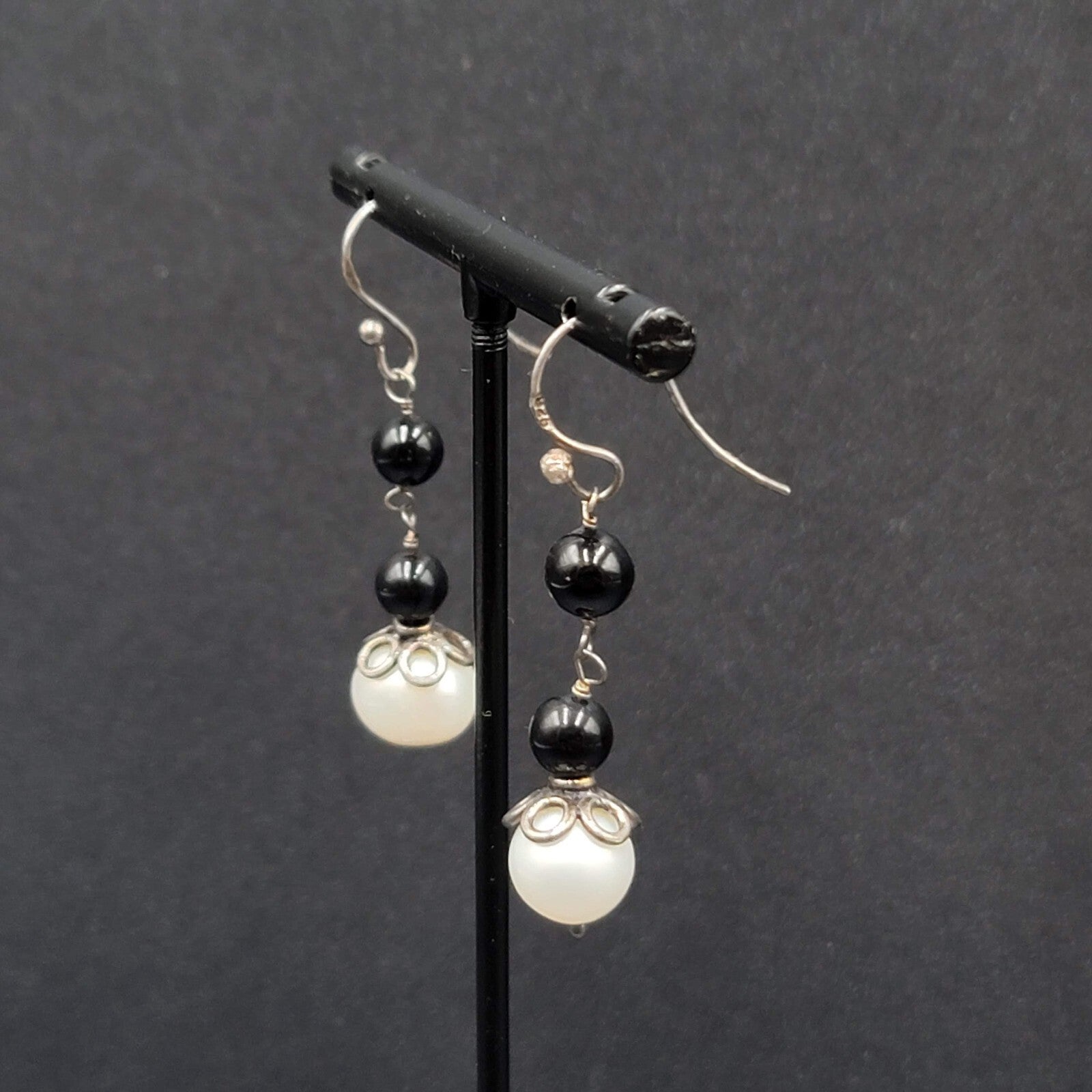 Sterling Silver Pierced Earrings Capped Pearl Bead Dangle 1.25"