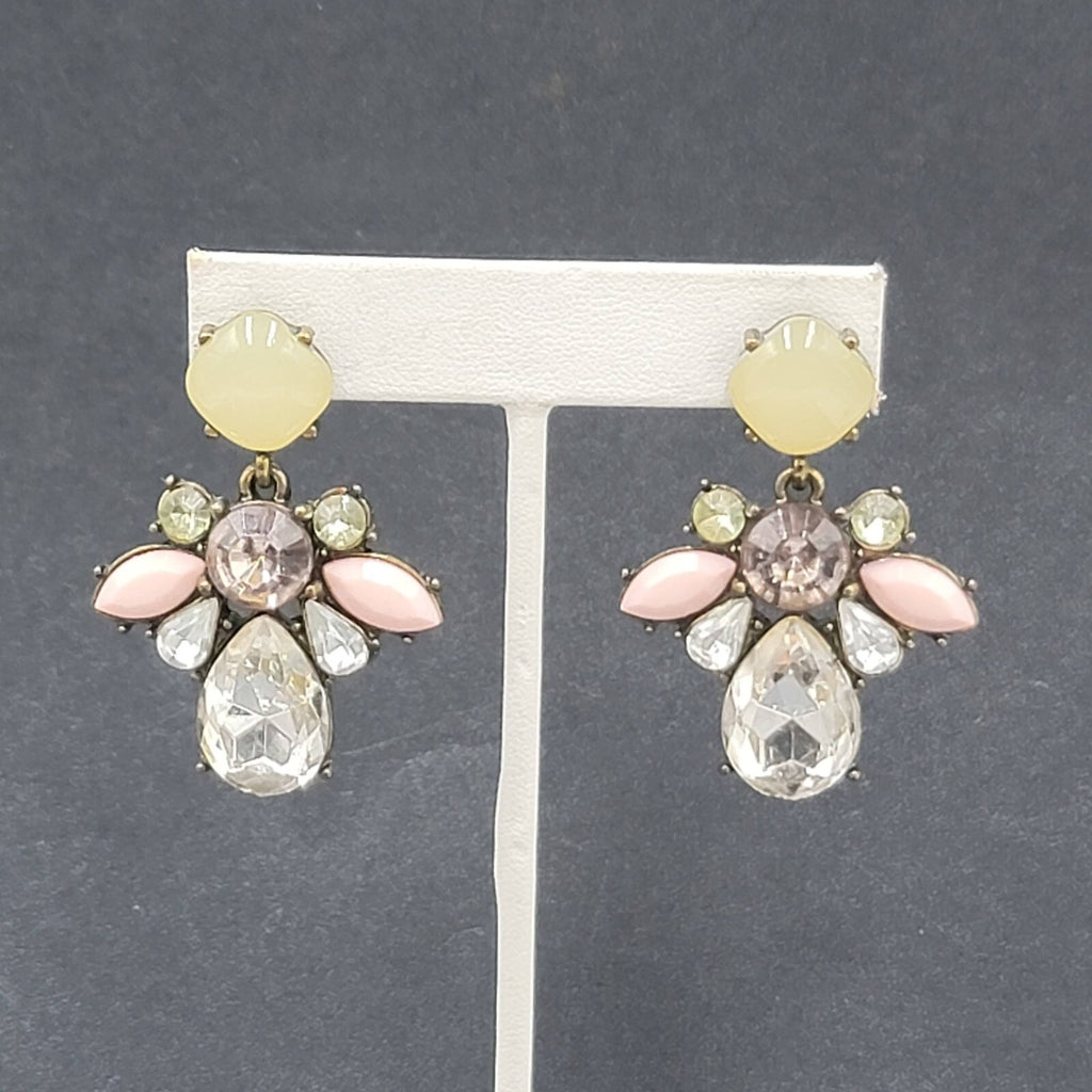 Pierced Earrings Antiqued Gold tone Multicolor Faceted Accent Acrylic 1 7/8"