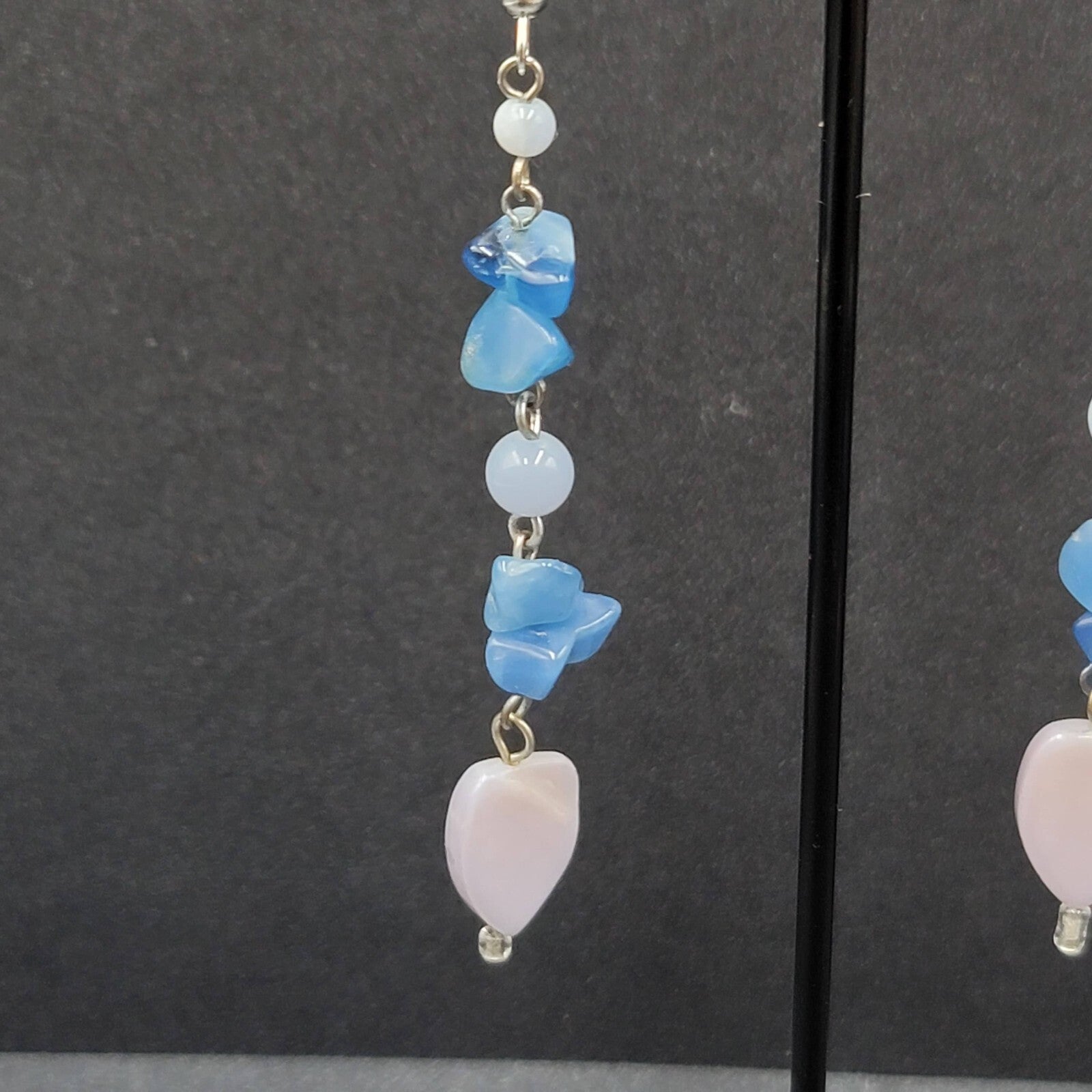 Pierced Earrings Blue Stone Chip Bead Dangle Silver tone 2.75"