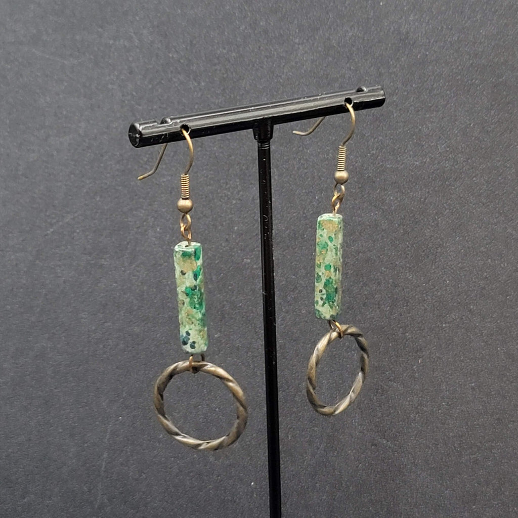 Pierced Earrings Bronze tone Green Stone Dangle 2"