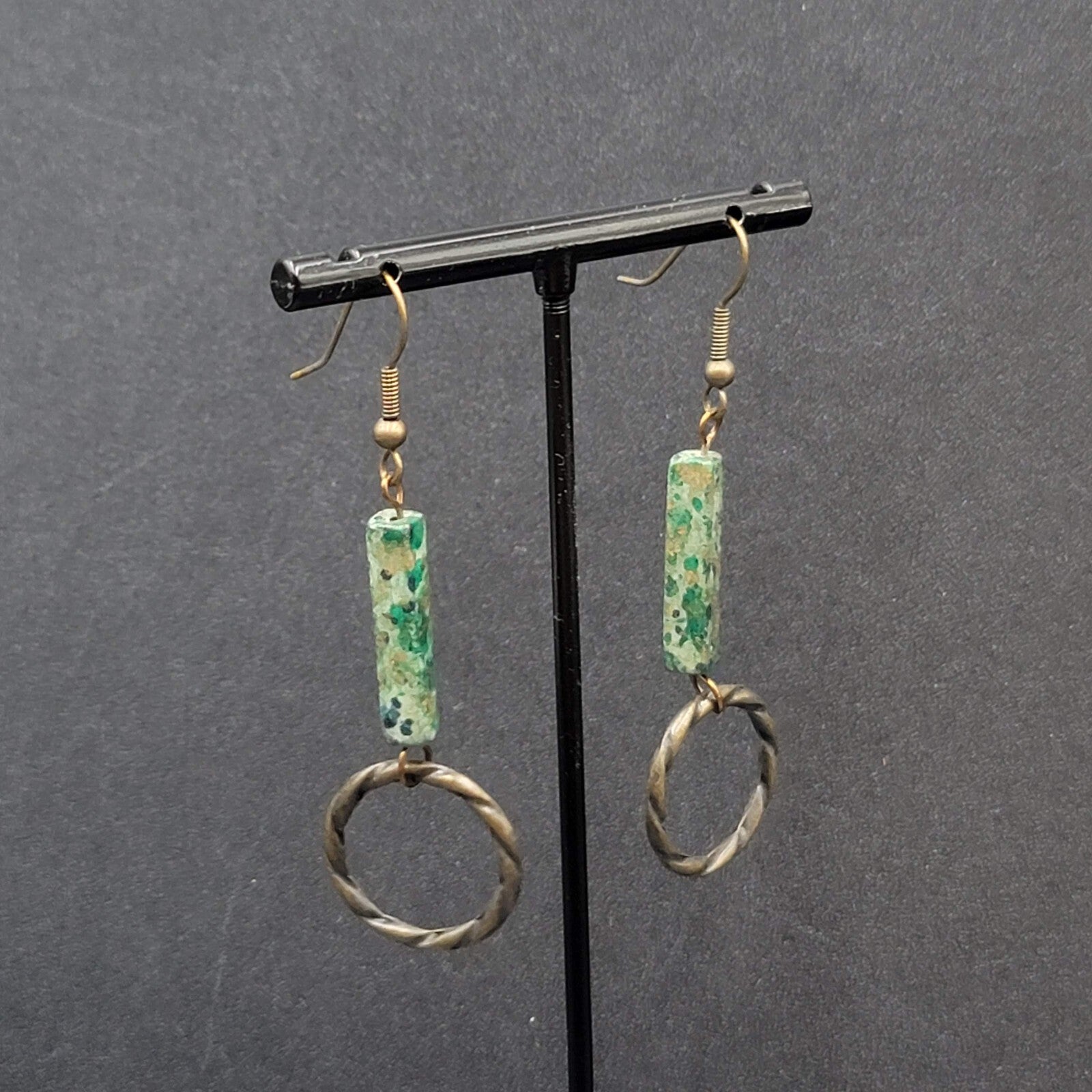 Pierced Earrings Bronze tone Green Stone Dangle 2"