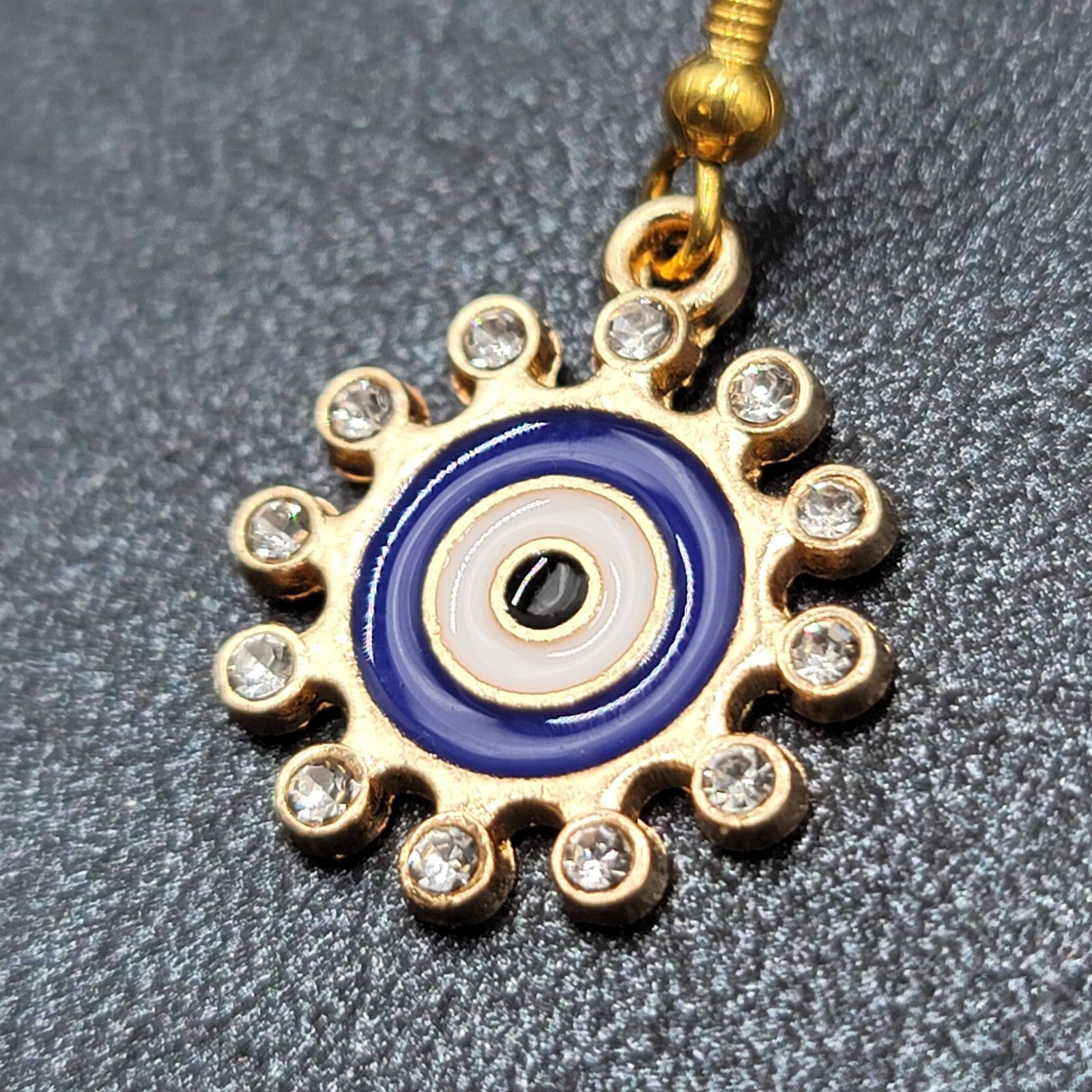 New Evil Eye Rhinestone Pierced Earrings Crystal Gold tone Blue Enamel 3/4"