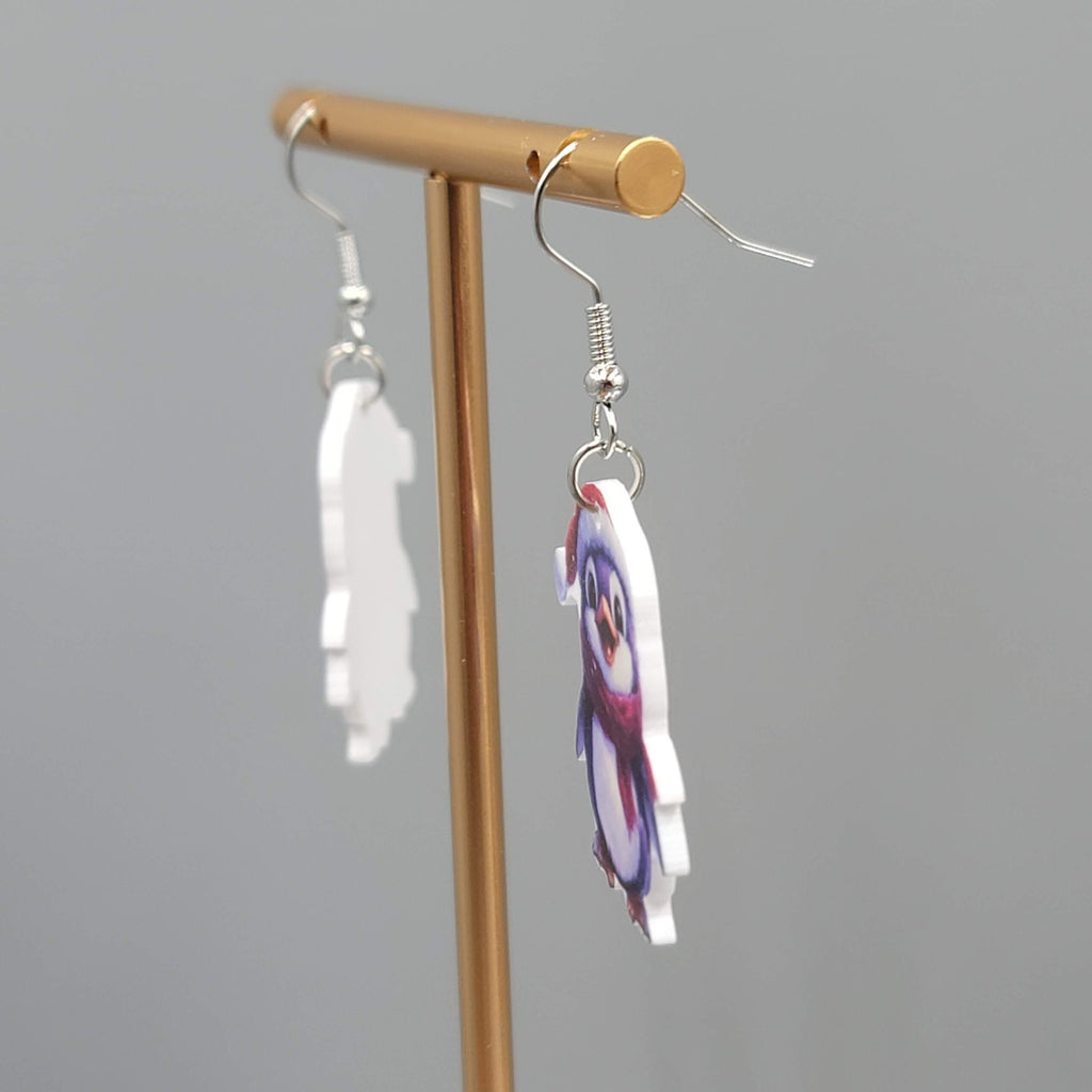 Winter Penguin Pierced Earrings Silver tone Dangle 1.25 in