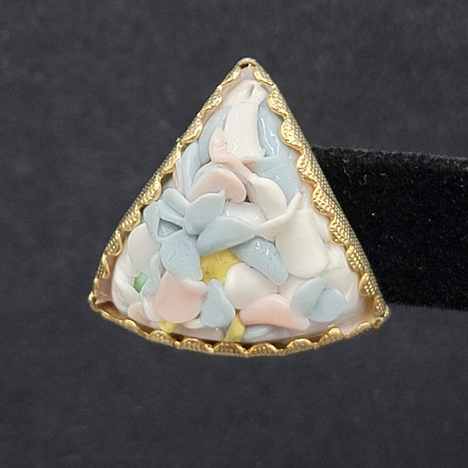 Vintage Clip on Earrings Gold tone Triangle Multicolor Pastel Glass Chips 1"