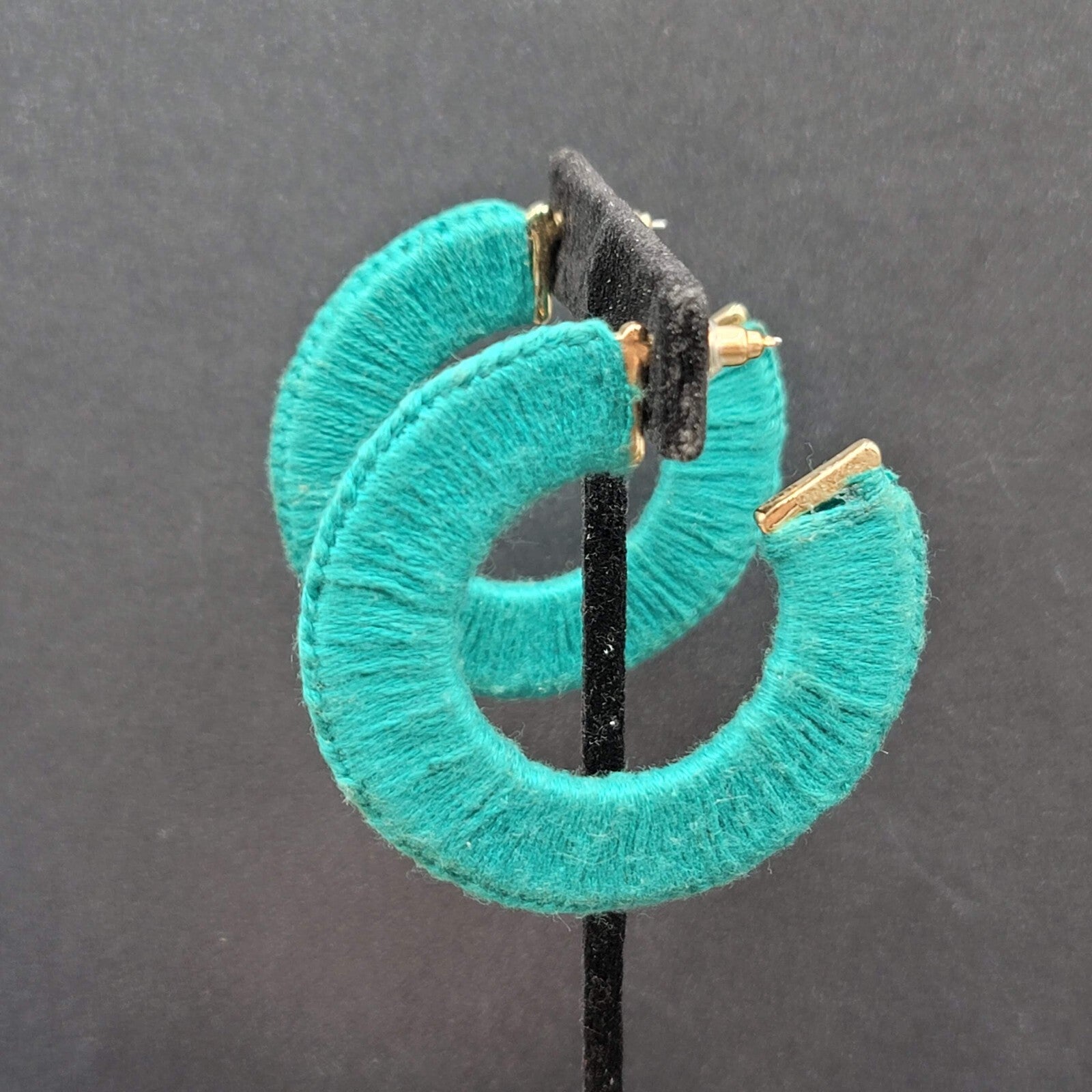 Pierced Earrings Gold tone Turquoise Blue Thread Wrapped Hoops 2 1/8"