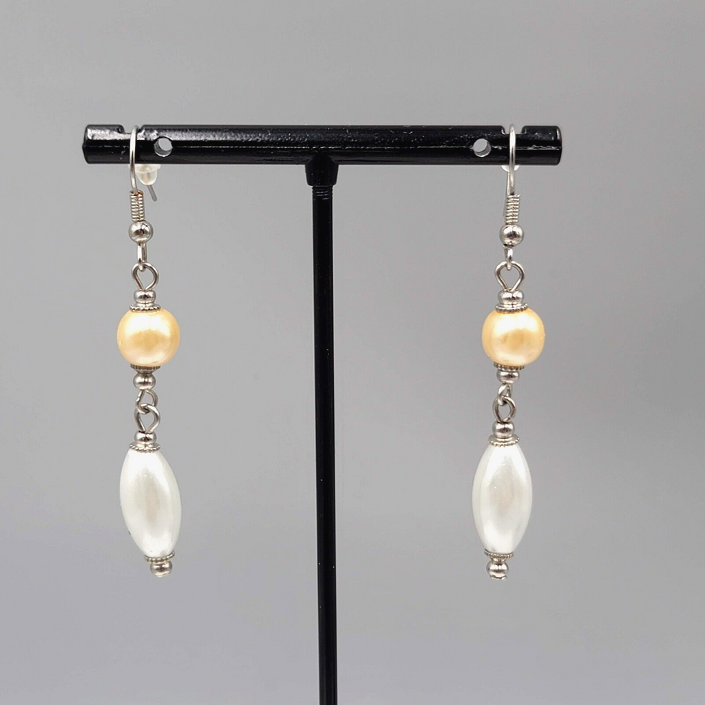 Pierced Earrings Silver tone Champagne White Bead Dangle 1.75"