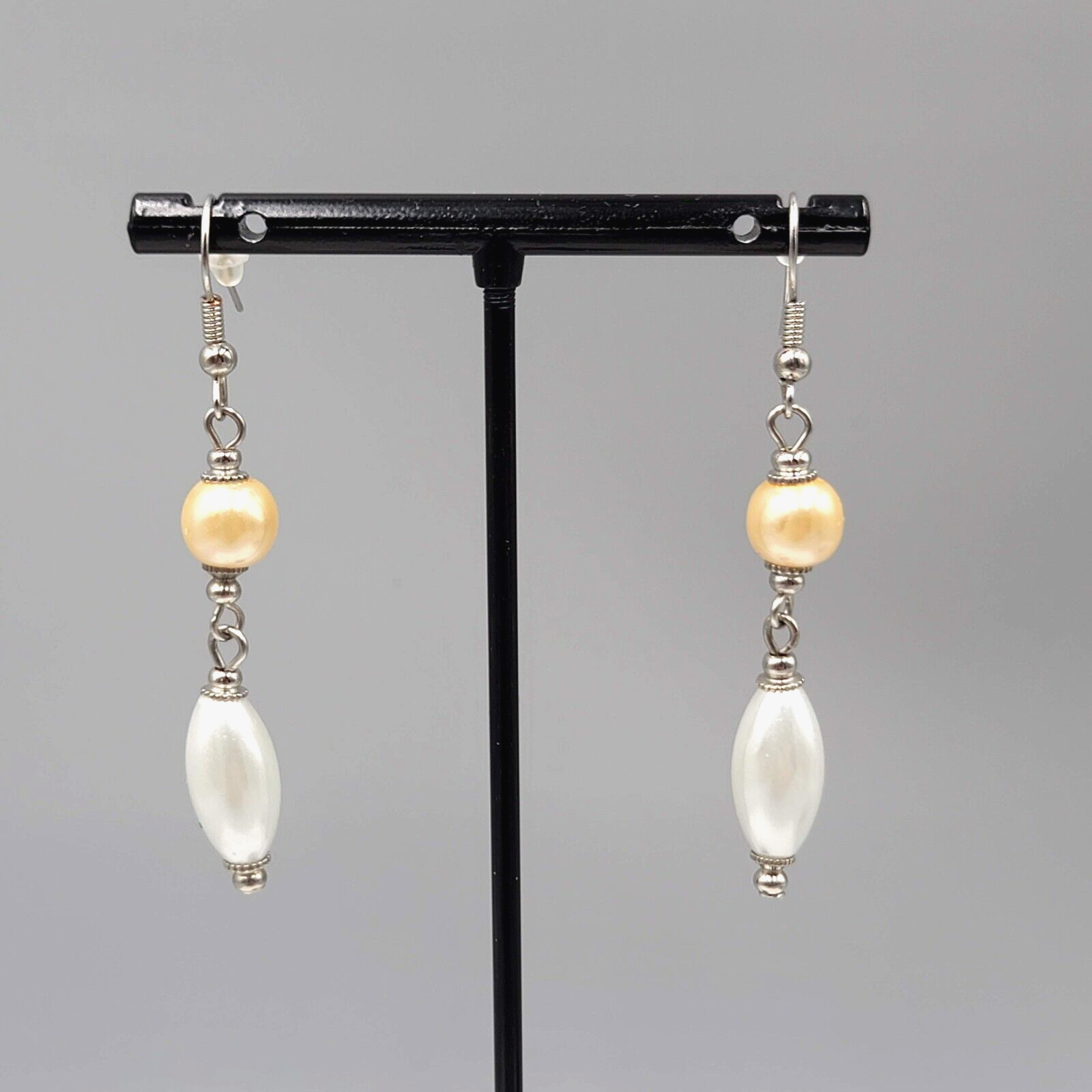Pierced Earrings Silver tone Champagne White Bead Dangle 1.75"