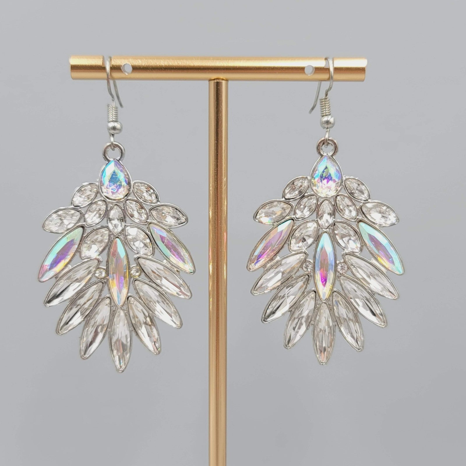 Statement Pierced Earrings Silver tone AB Rhinestones Dangle 2"