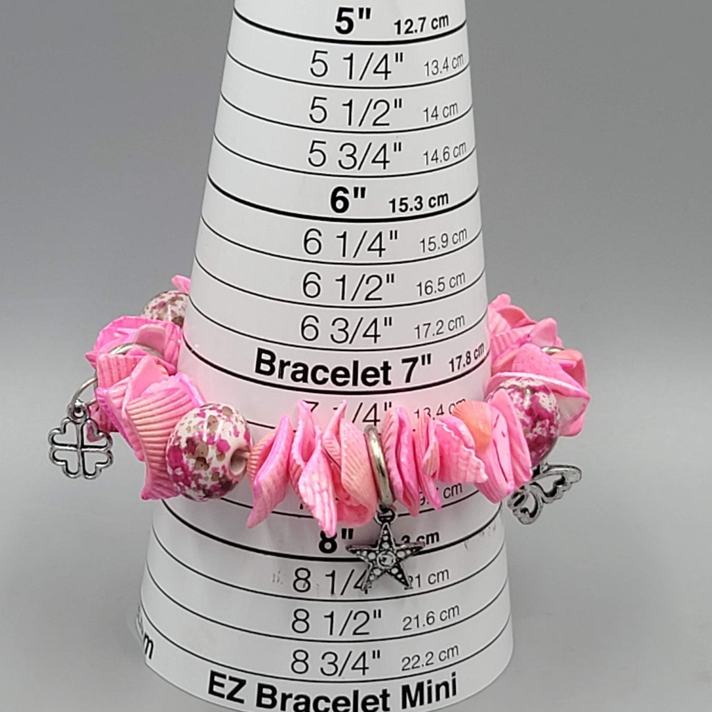 Hot Pink Shell Bracelet Silver tone Charms Elastic Statement 7.5"