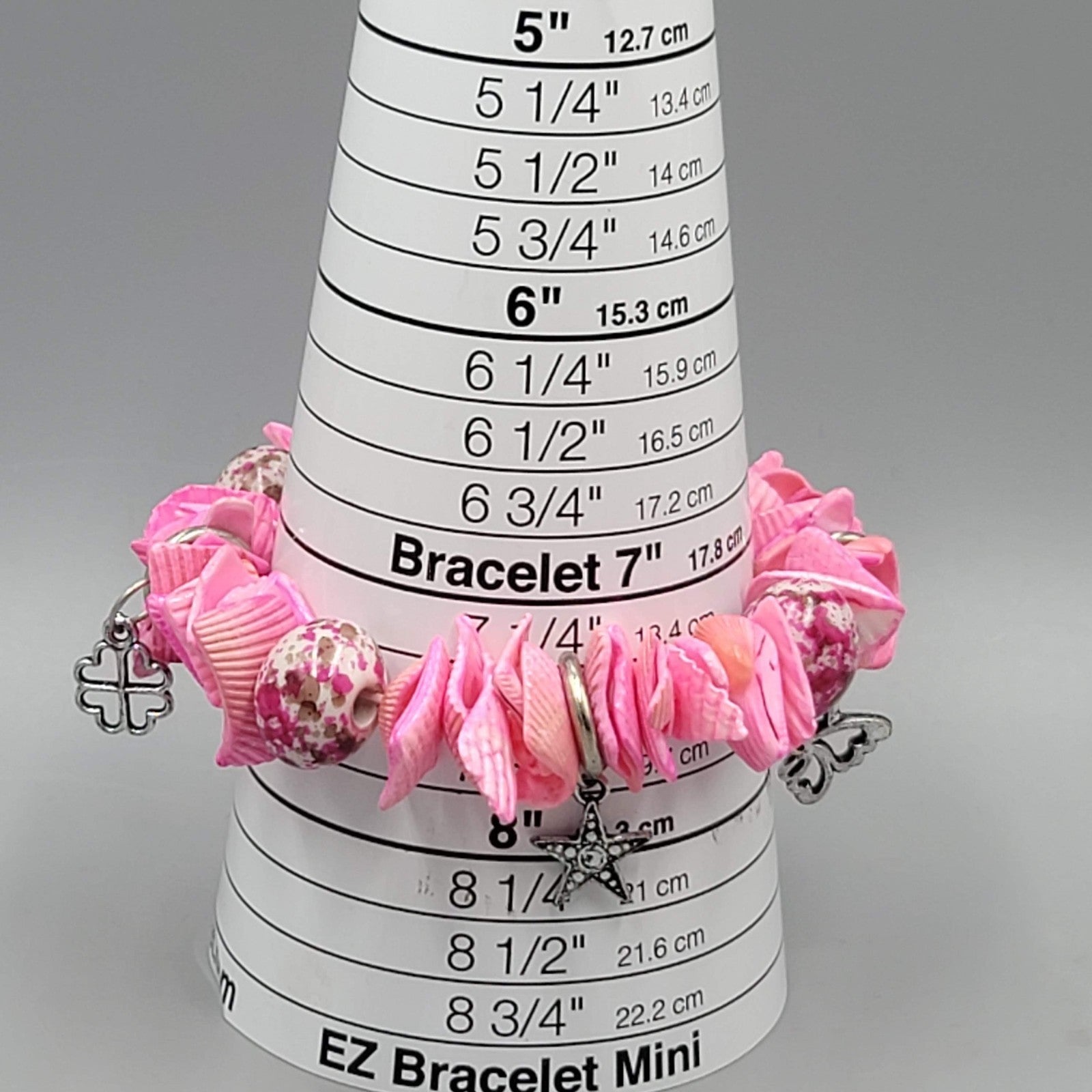 Hot Pink Shell Bracelet Silver tone Charms Elastic Statement 7.5"