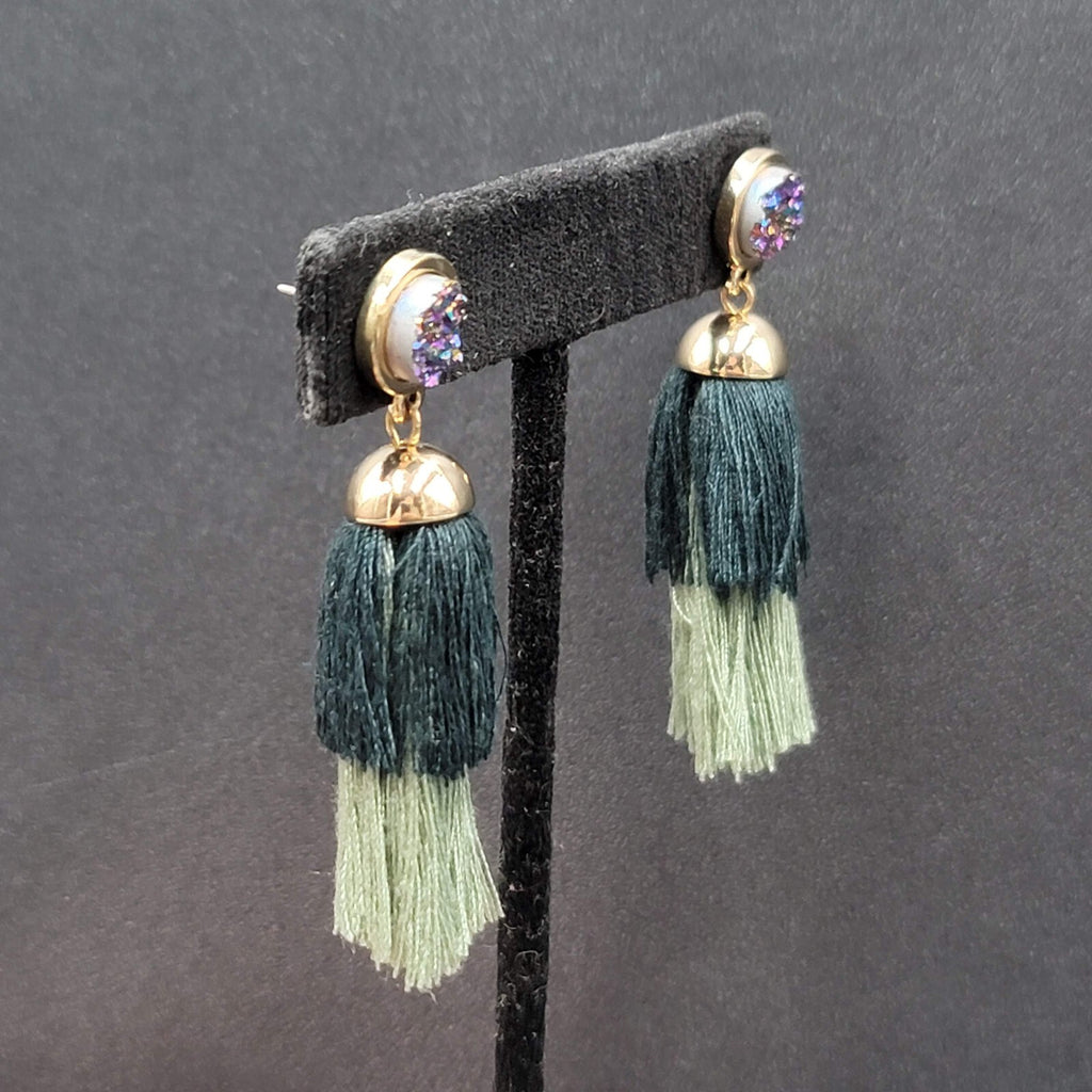 Pierced Earrings Gold tone Green Tassel Faux Druzy Dangle 2.25"