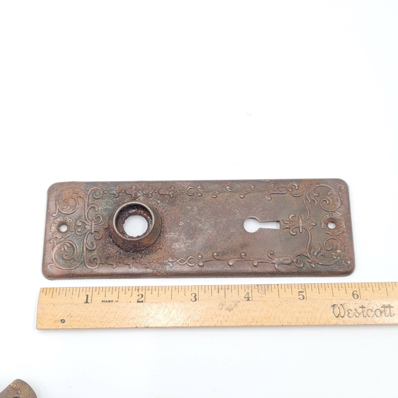 Vintage Ornate Steel Doorknob Back Plate 6" x 2" holes 2.5"