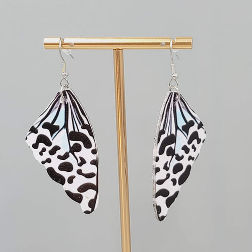 Butterfly Wing Pierced Earrings Black White  Statement Dangle 2.25"