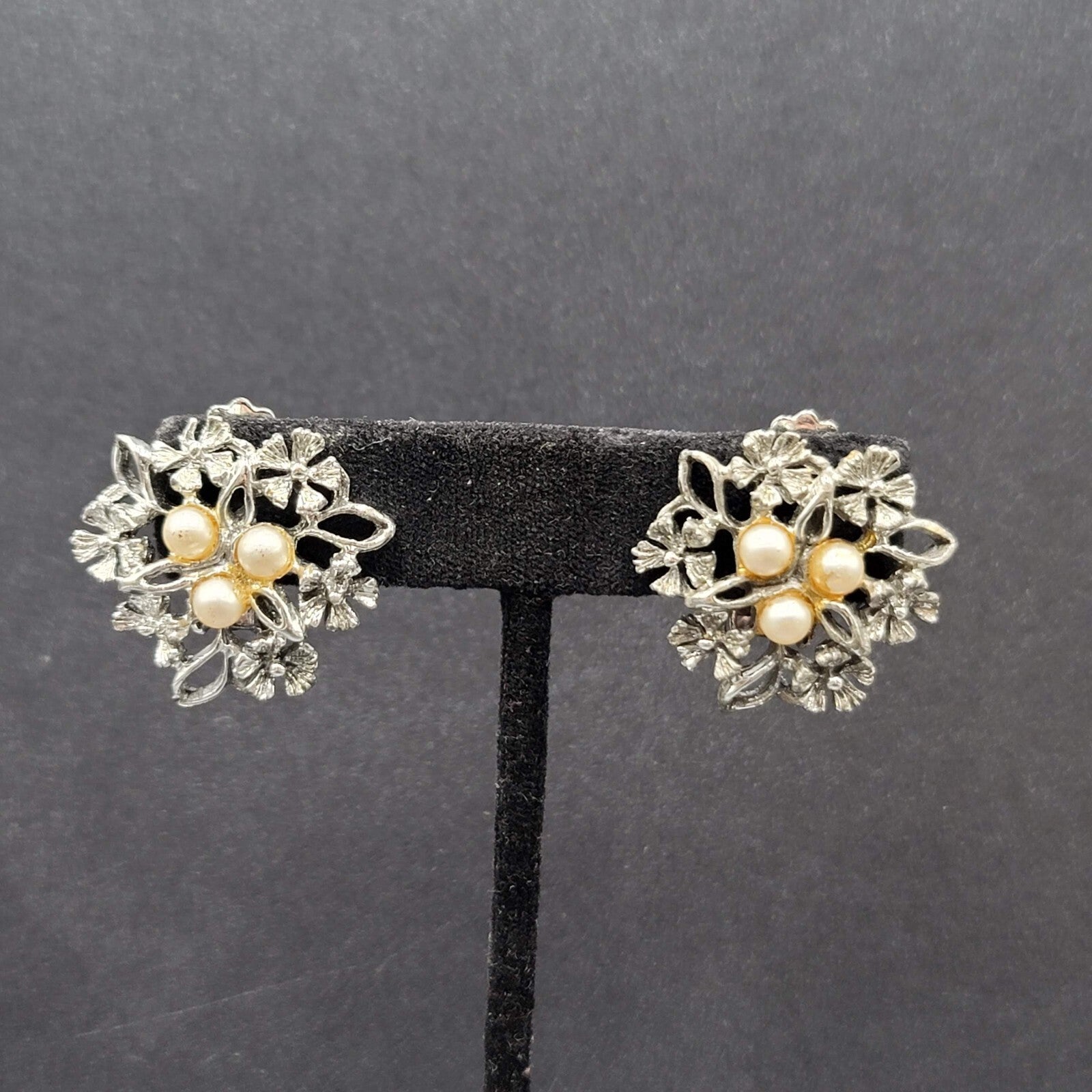 Vintage Clip on Earrings Silver tone Faux Pearl Open Work Drop 1"