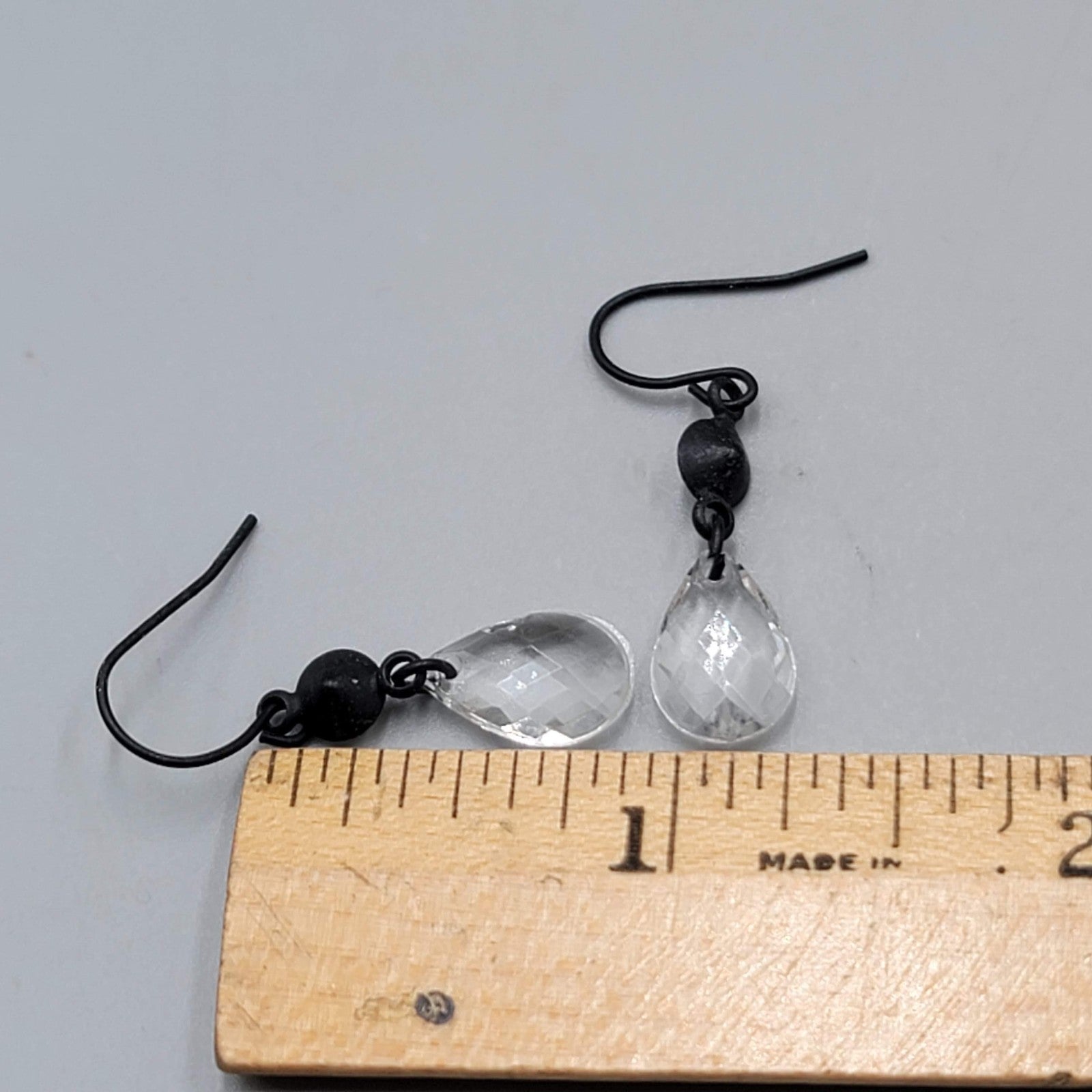 Clear Acrylic Teardrop Pierced Earrings Black Enamel over Metal Dangle 1 in