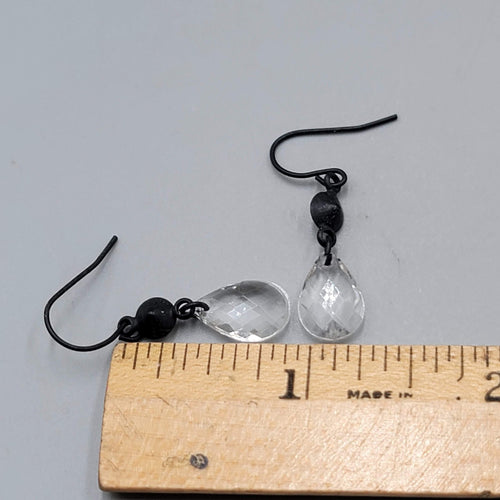 Clear Acrylic Teardrop Pierced Earrings Black Enamel over Metal Dangle 1 in