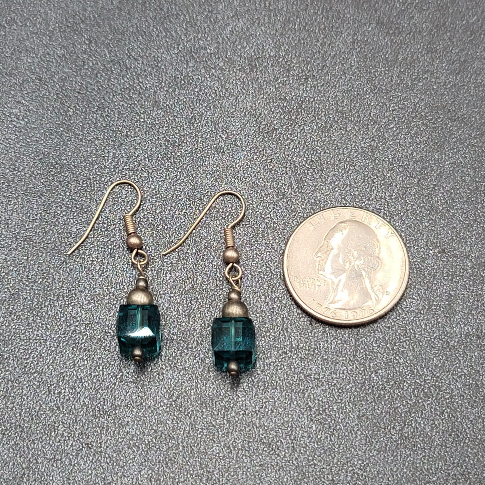Pierced Earrings Silver tone Square Blue Crystal Bead Dangle 7/8"