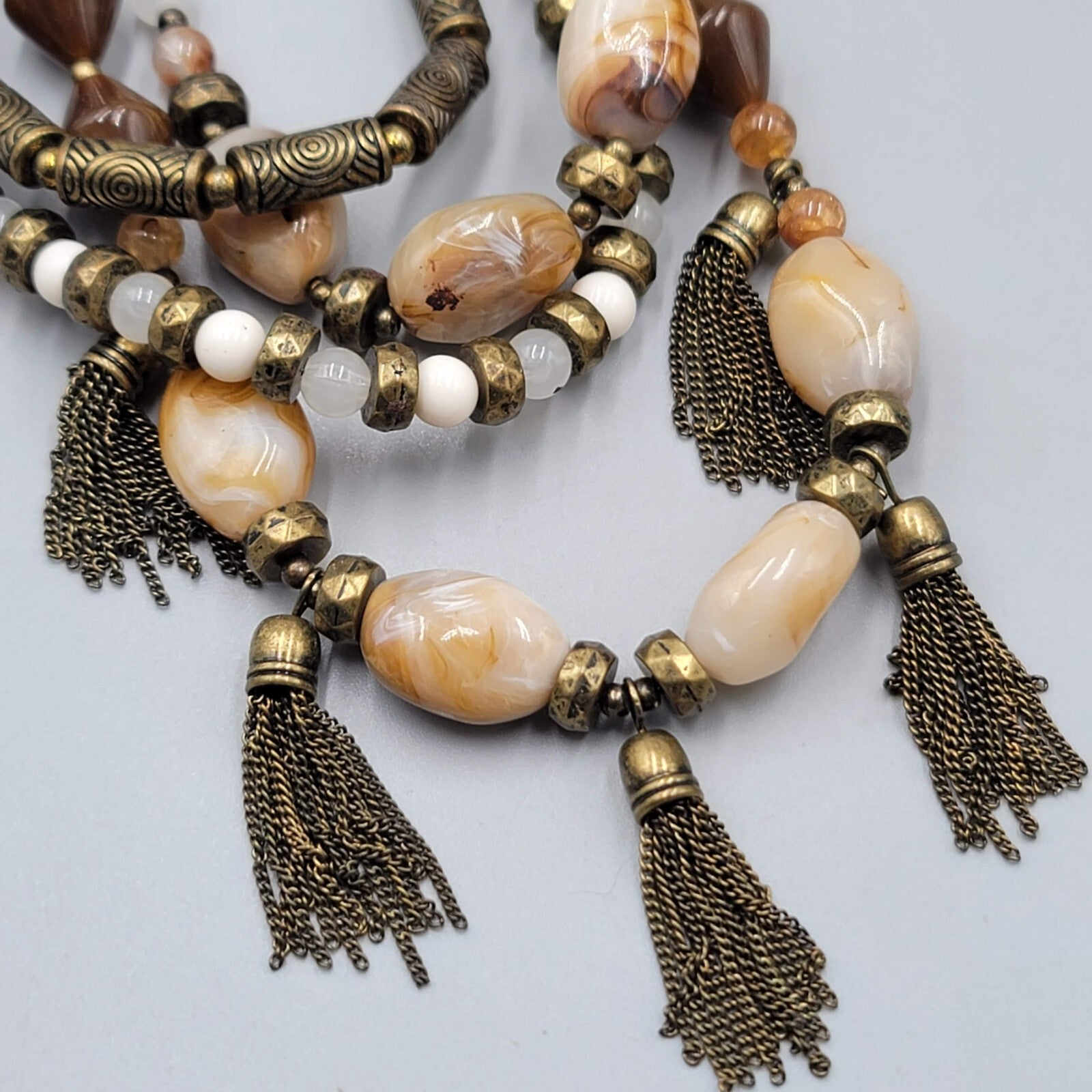 Premier Designs Necklace Bronze tone Brown White Bead 16"+