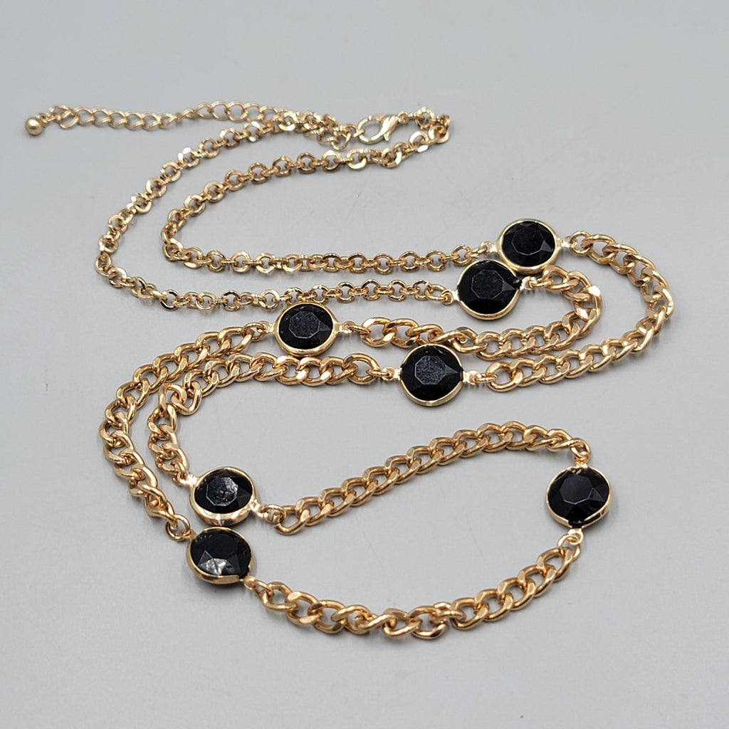 Black Glass Station Bead Necklace Gold tone Chain 36"
