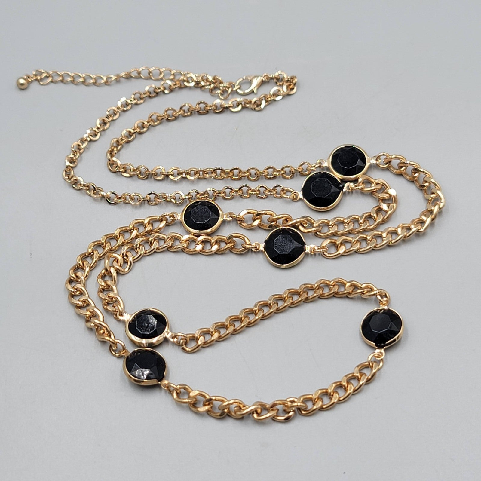 Black Glass Station Bead Necklace Gold tone Chain 36"