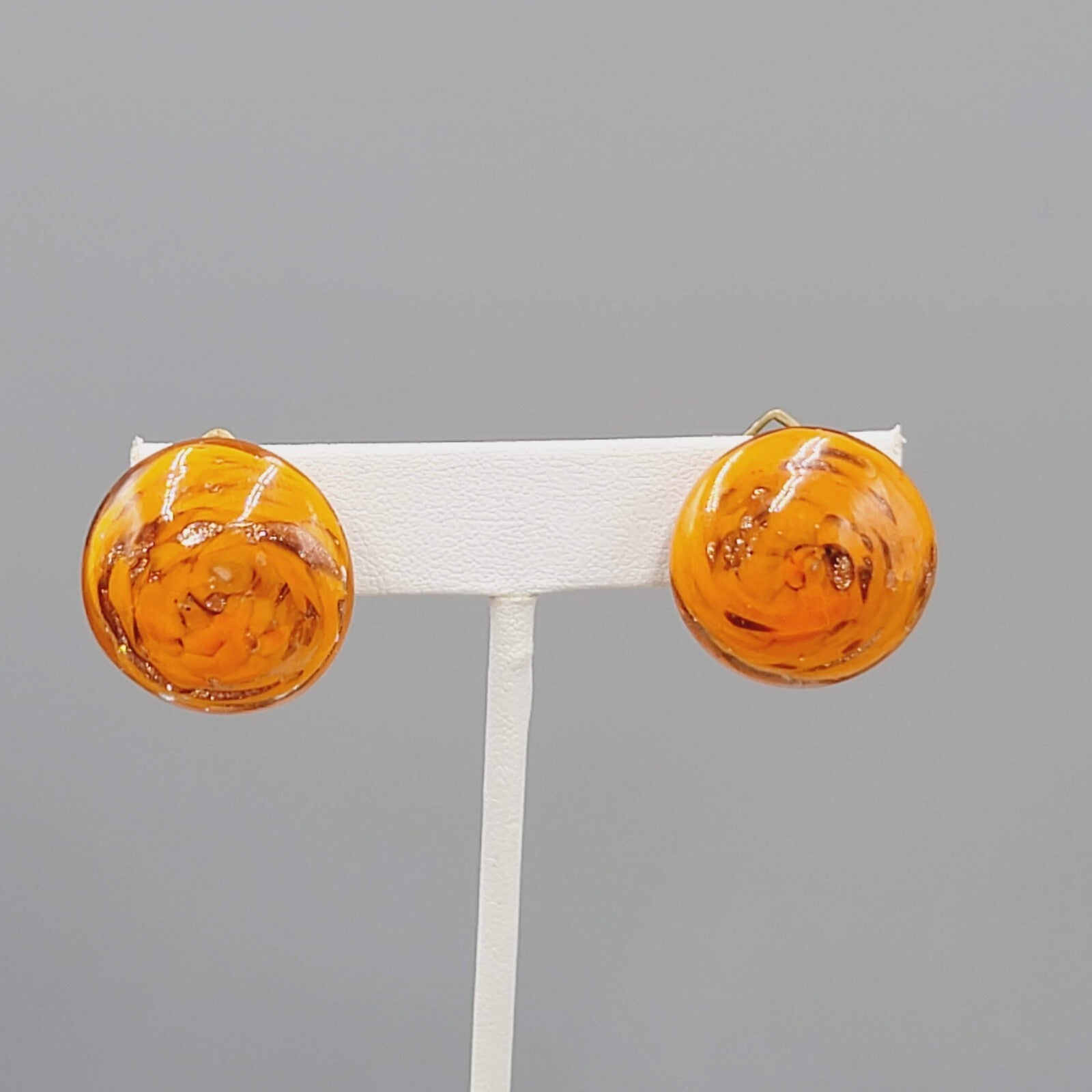 Vintage Italian Art Glass Clip on Earrings Orange Gold Flecks Round 7/8"