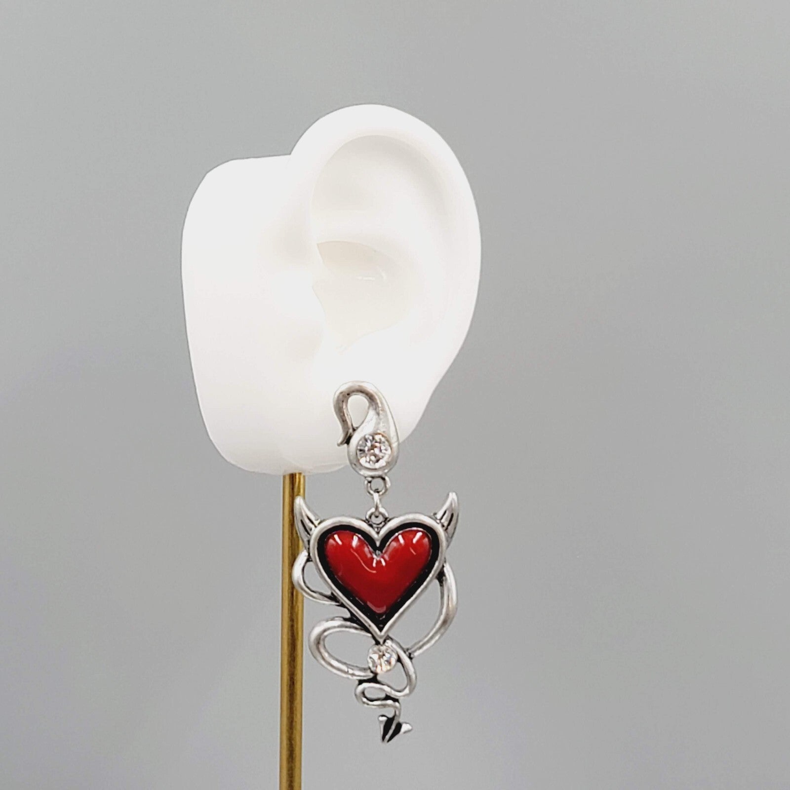 Devil Heart Pierced Earrings Red Enamel Crystal Silver tone Dangle 2 3/8"