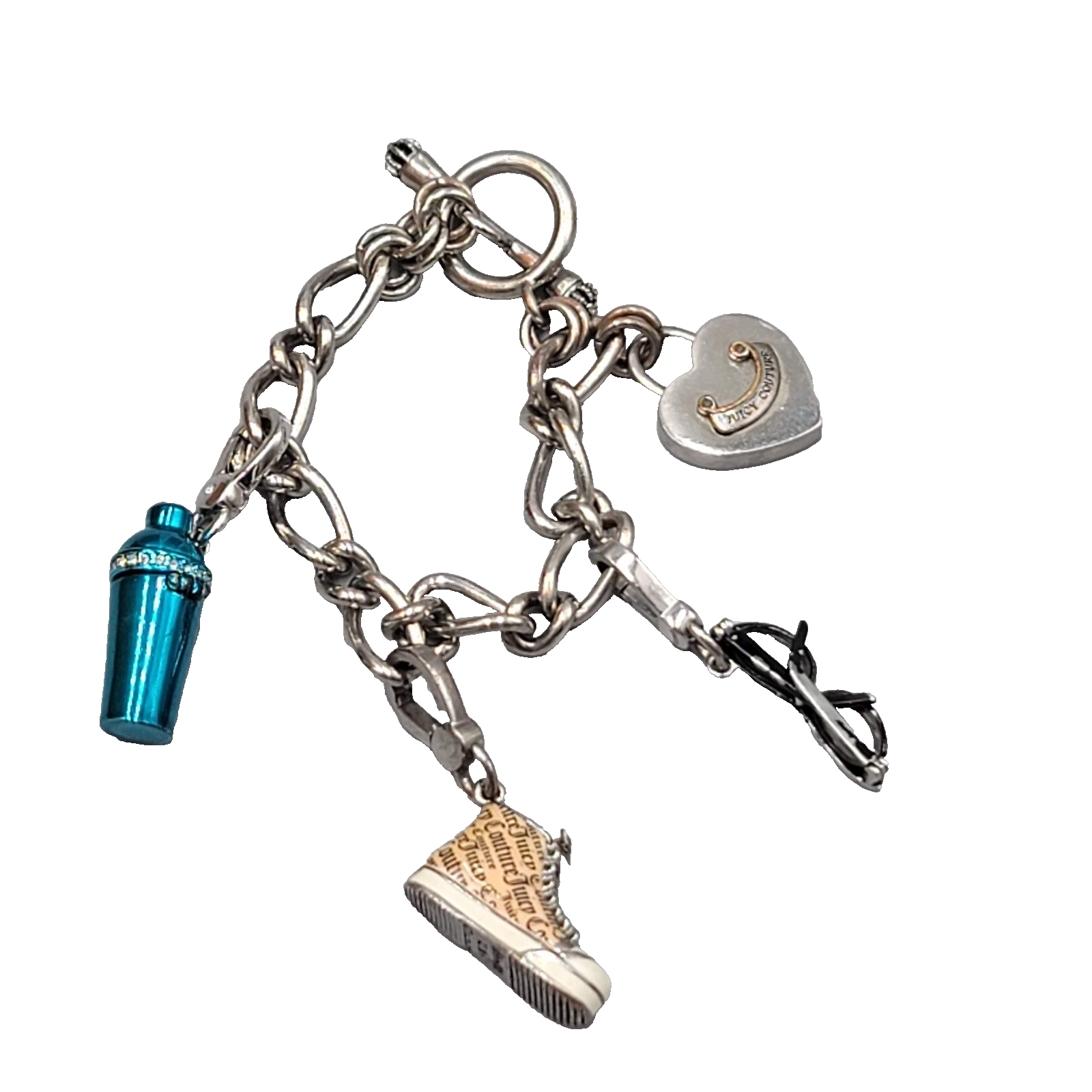 Juicy Couture Charm Bracelet Silver Tone Heart Lock Sneaker Glasses Cocktail 6"