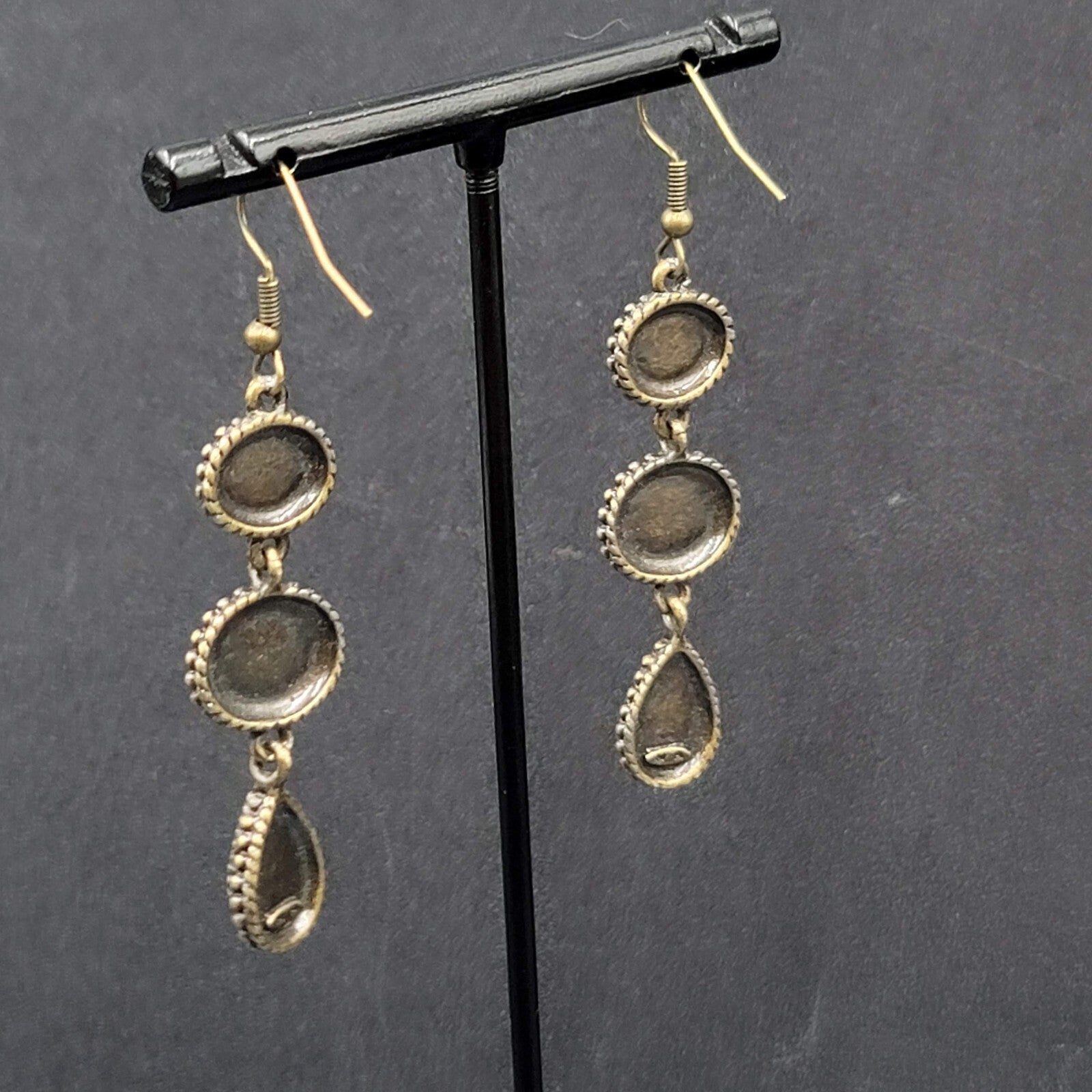 Pierced Earrings Bronze tone Dark Red Light Blue Dangle 2"